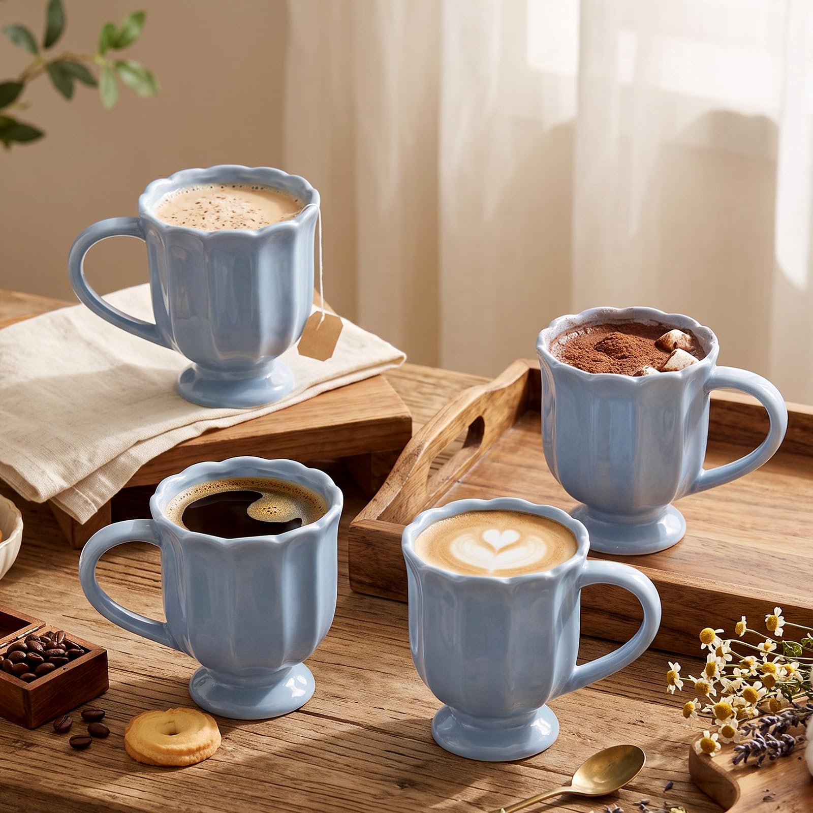 Domensi 4 Pcs Ceramic Coffee Mugs 8 oz Vintage Scalloped Tea Cups
