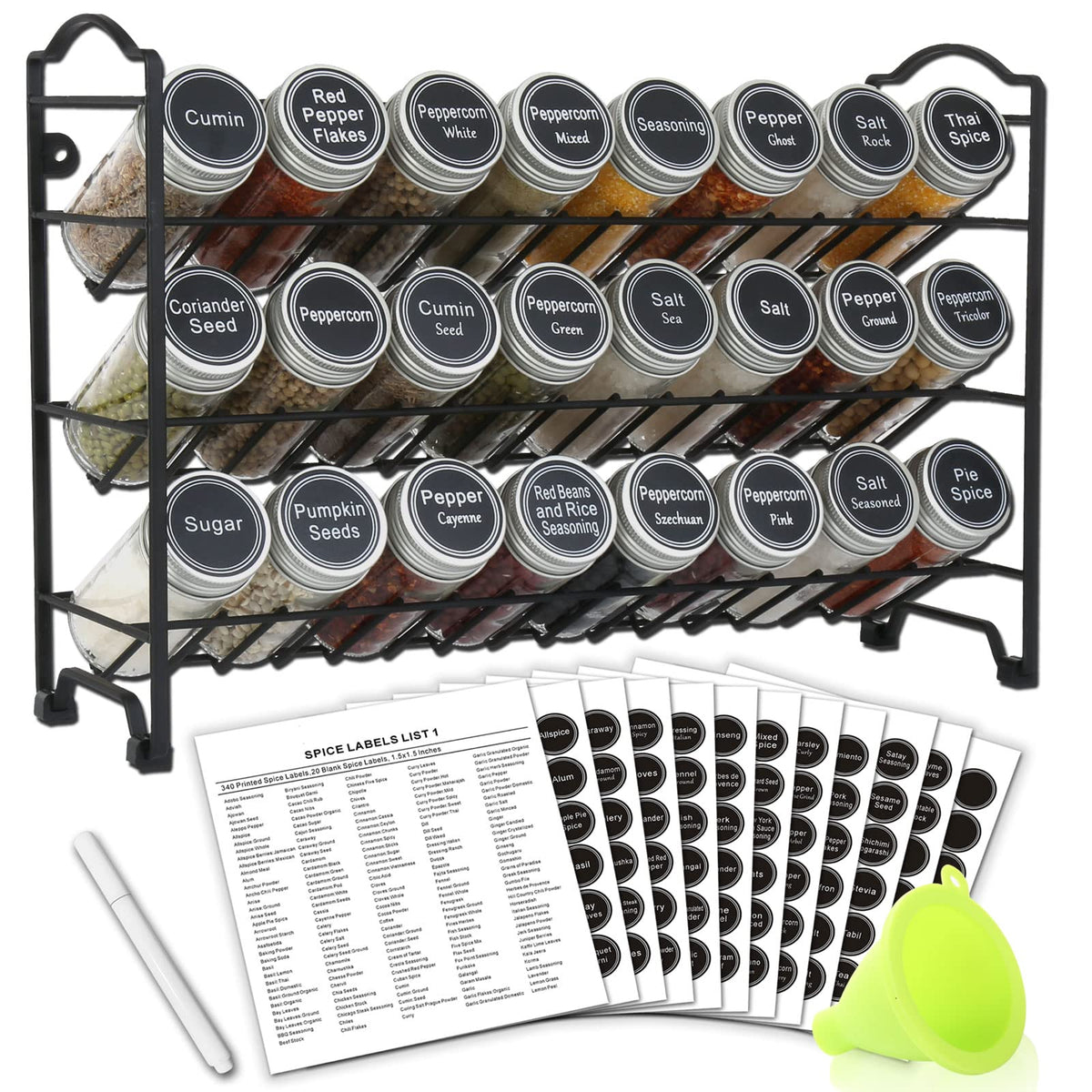 SWOMMOLY 3 Tier Spice Rack Organizer with 24 Empty Round Spice Jars, 396 Spice Labels, Funnel and Chalk Marker Complete Set, Bla