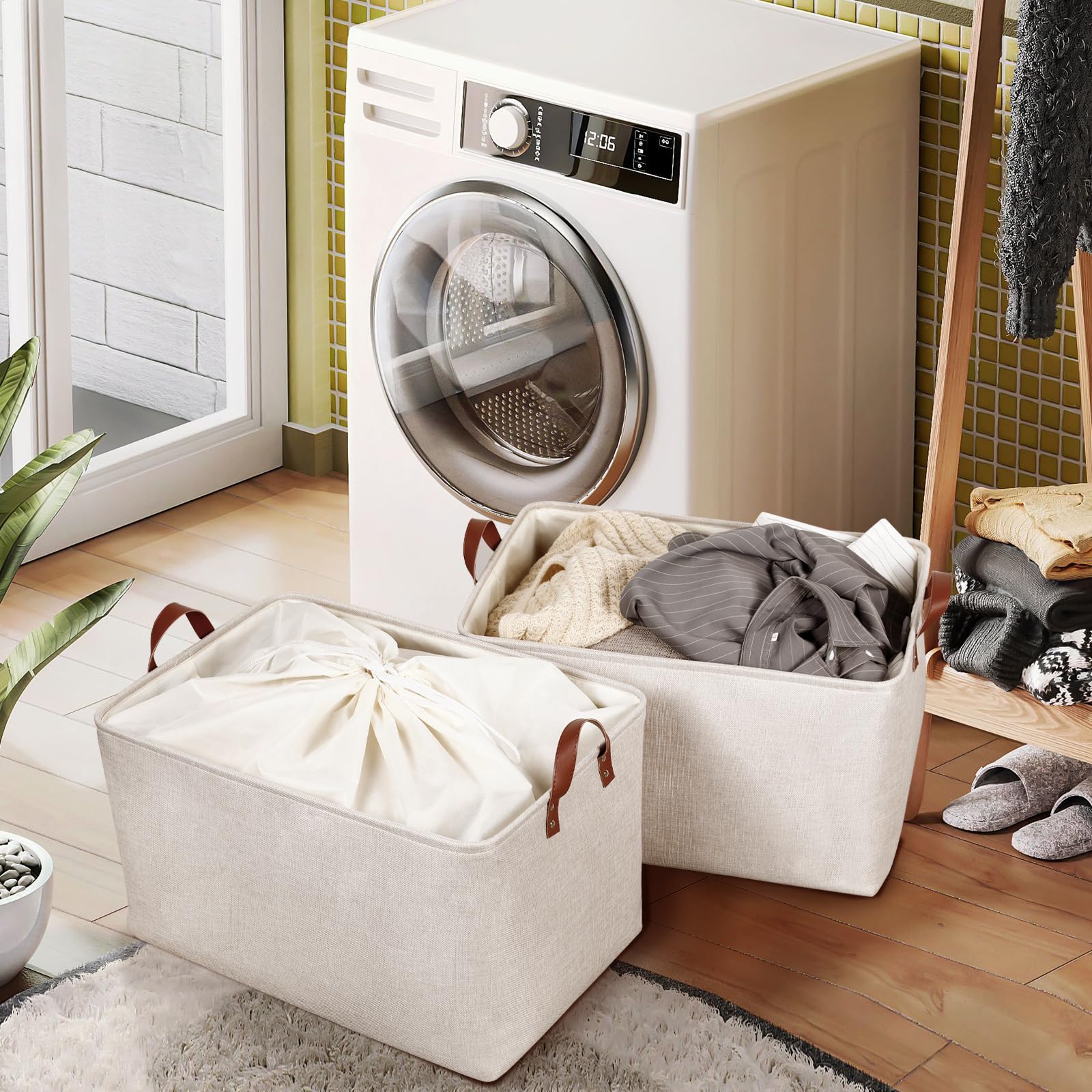 Dullemelo Large Beige Storage Basket 70L Oversized Canvas Fabric Storage Bin, Collapsible Rectangular Toys Basket Organizer With