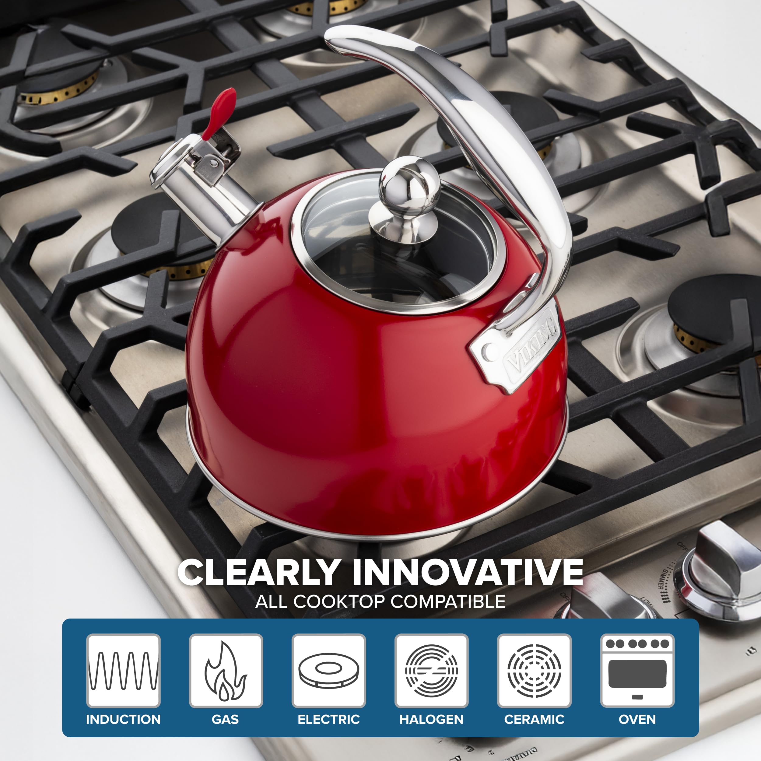 Viking Culinary 3-Ply Stainless Steel Whistling Tea Kettle  2.6 Quart  Includes Tempered Glass Lid  Ergonomic Stay-Cool Handle  Works on All Cooktops including Induction  Red