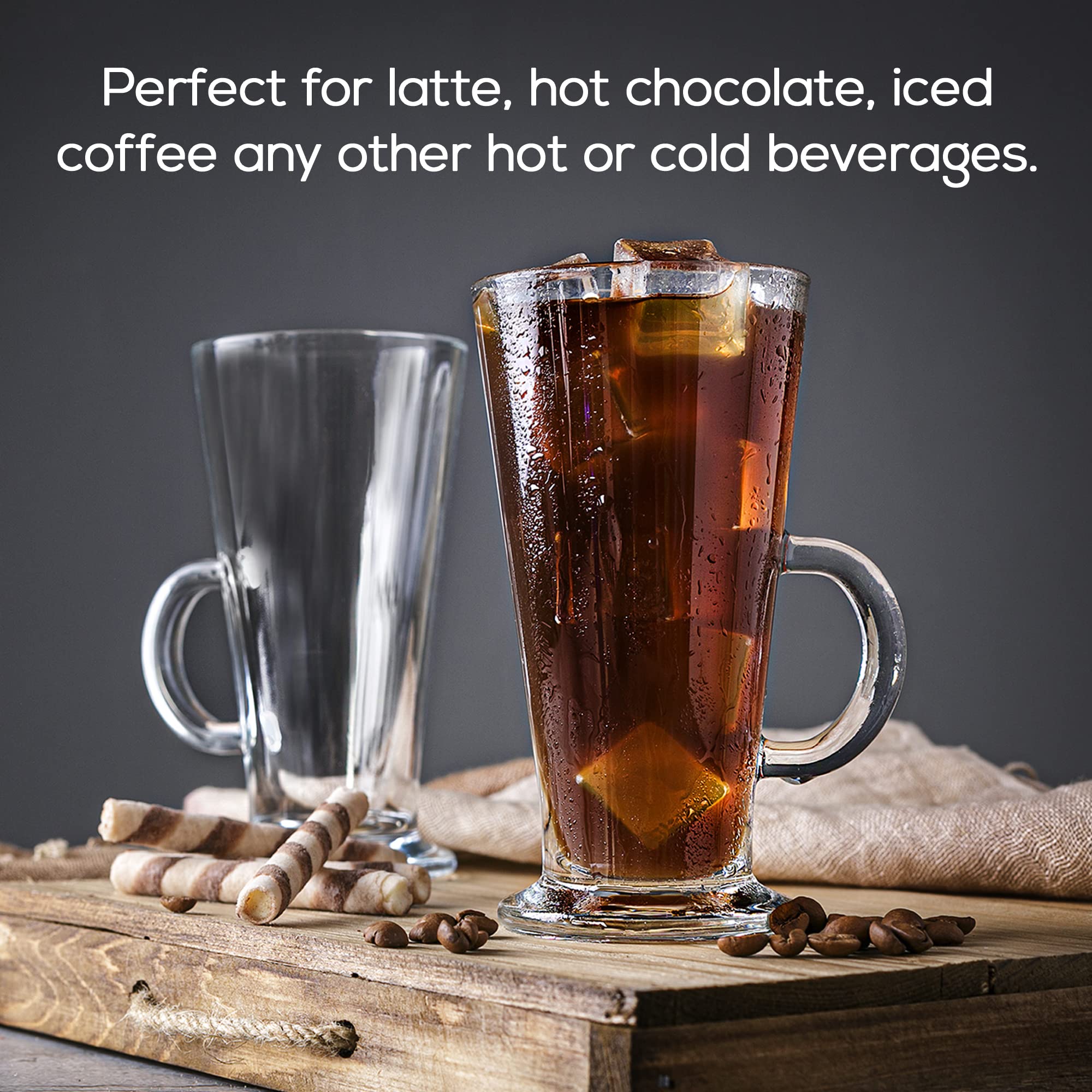 Crystalia Tall Irish Coffee Mugs With Handle, Large Colombian Glasses Set Of 2, Tall Funnel Clear Glasses For Iced Coffee, Latte