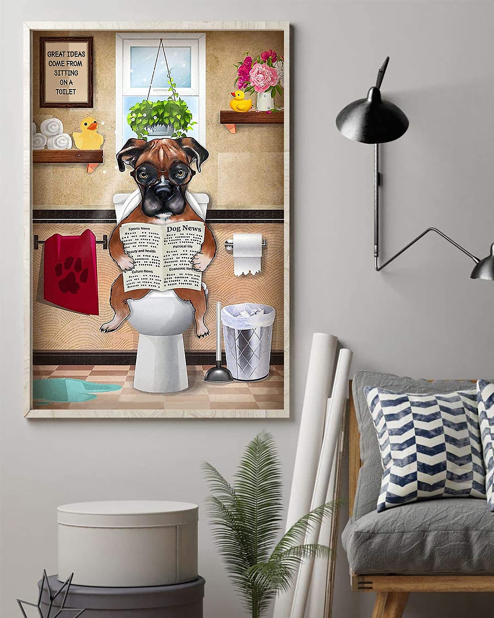 Yuwondess Boxer Dog Canvas Wall Art Lover Gift Cute Pet Vertical Poster Modern Home Decor Funny Flower Paw Reading News Painting