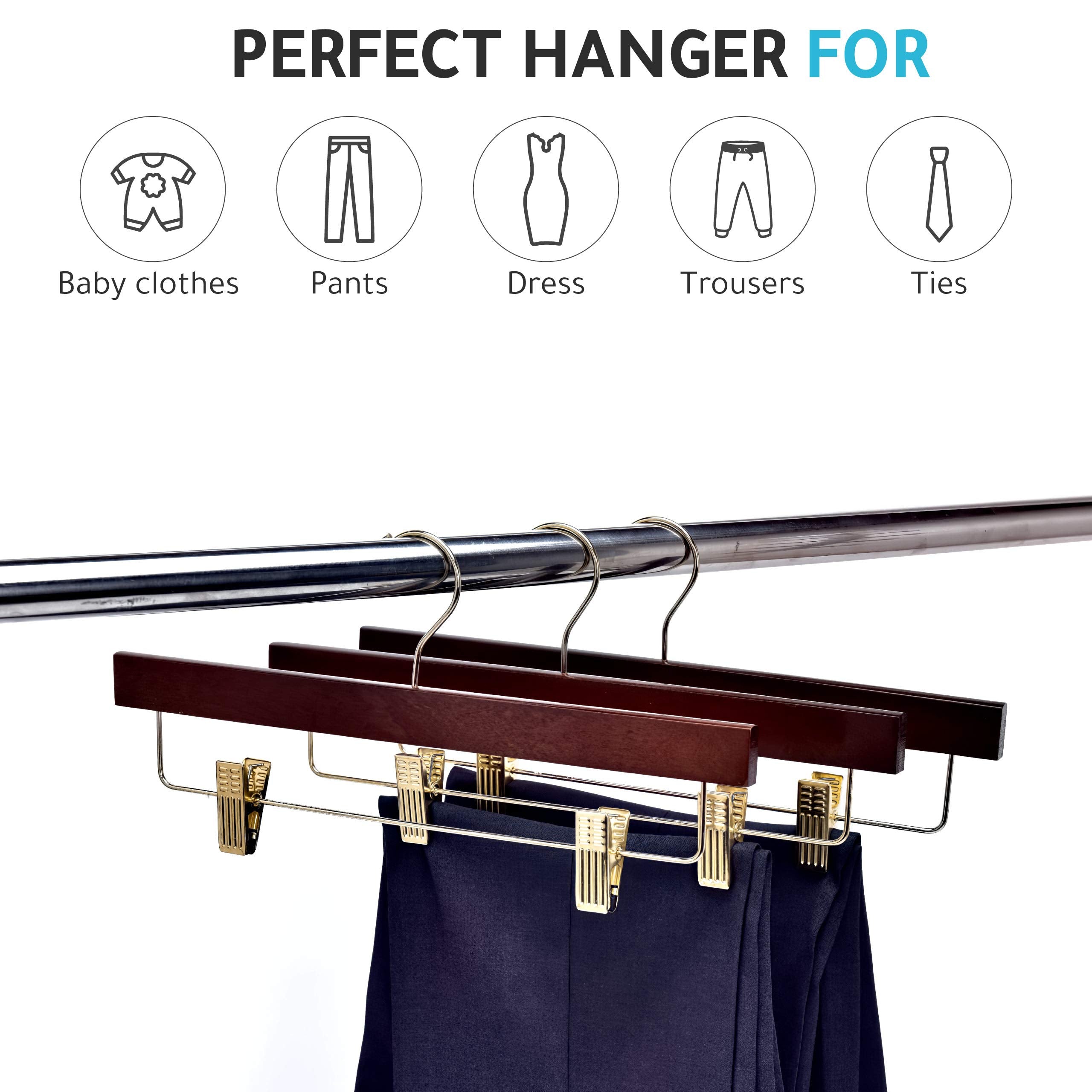 20 Quality Wooden Pants Hangers Skirt Hanger Jeans Hanger Bottom Hanger, Swivel Hook, Adjustable Clips (Walnut - Gold Hook, 20)