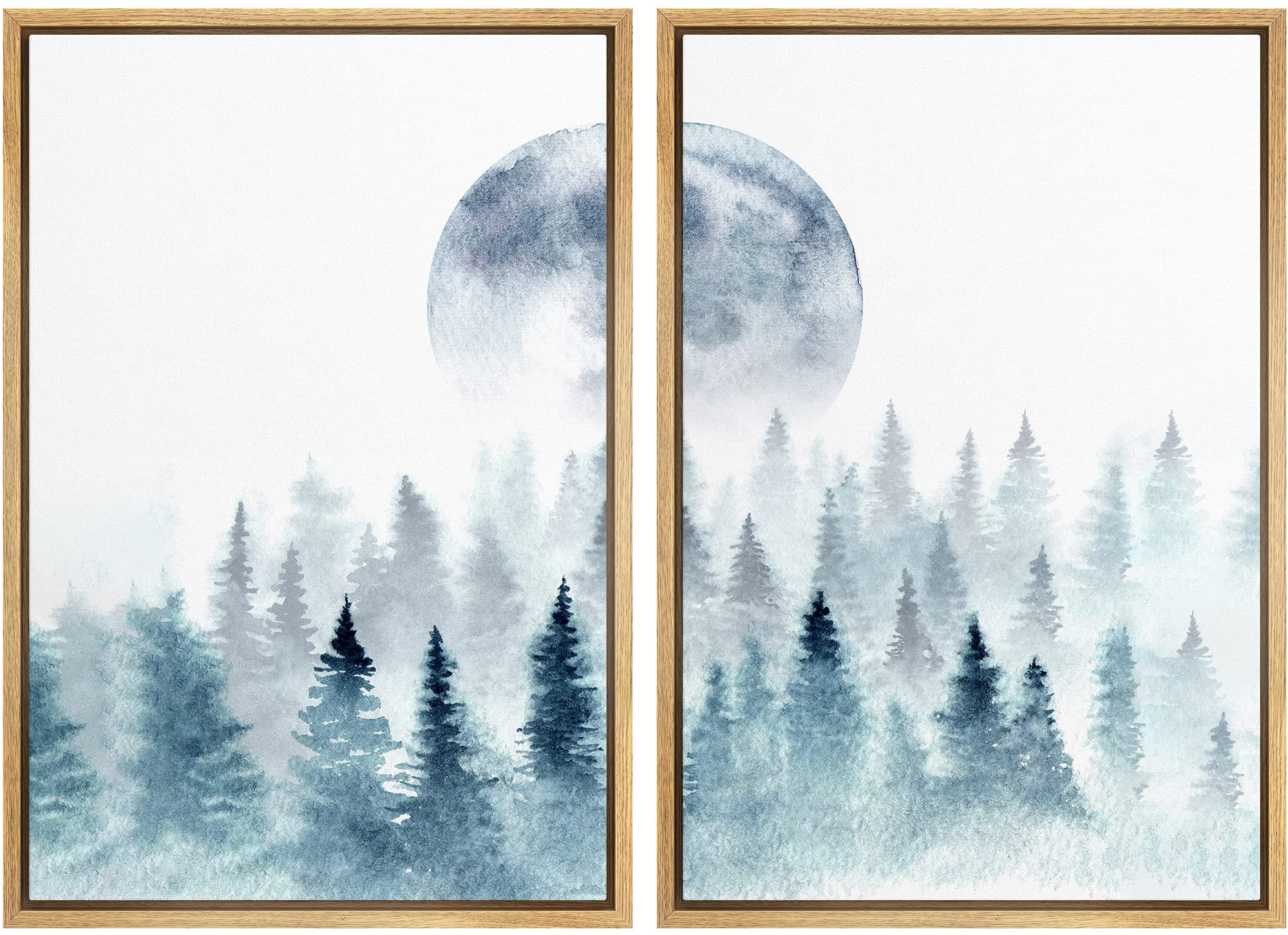 Signwin Framed Wall Art Woodland Nursery Decor Print Set Watercolor Blue Full Moon & Green Forest Nature Illustrations Modern Ar