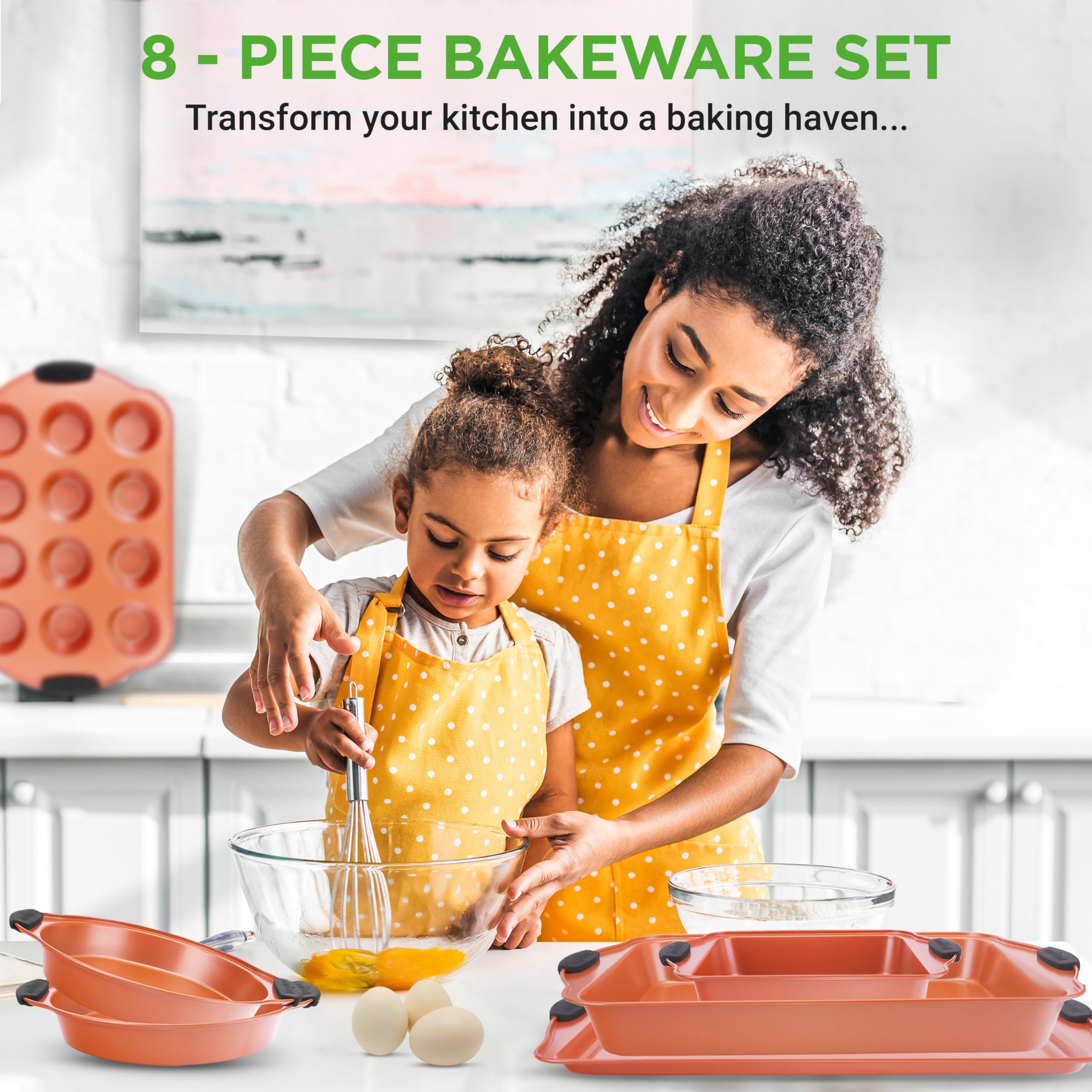 Nutrichef 8 Piece Baking Pans Set - Nonstick Carbon Steel Bakeware Set W/ Silicone Heat-Safe Handles - Includes Loaf Pan, Muffin