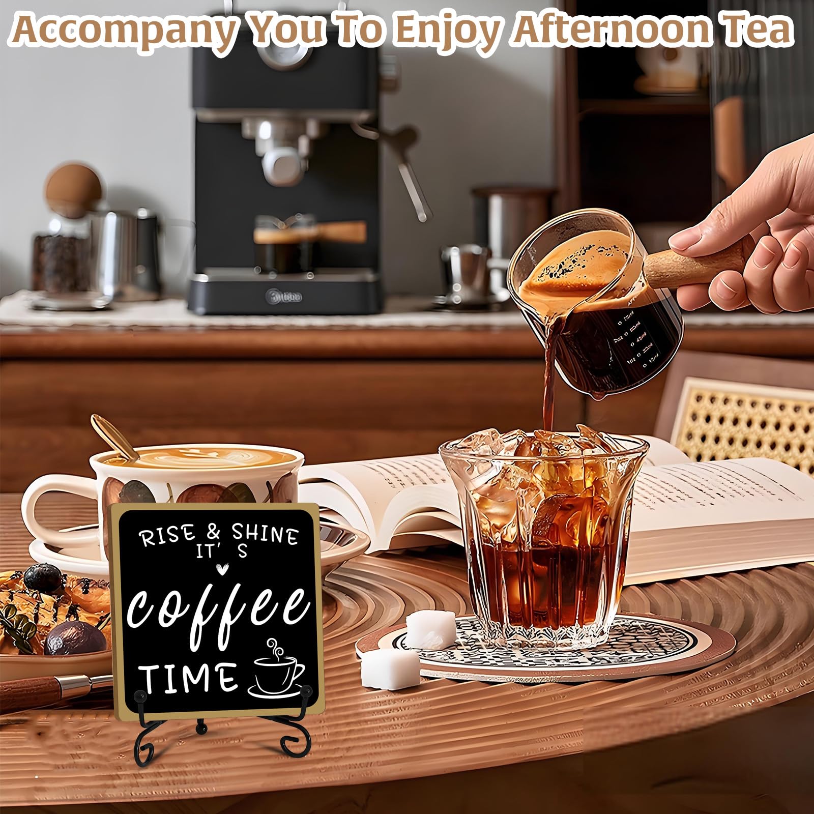 Wooden Coffee Bar Sign Coffee Bar Decor, Coffee Bar Decorations Black and White with Iron Stand Bar Tabletop Shelf Accessories,