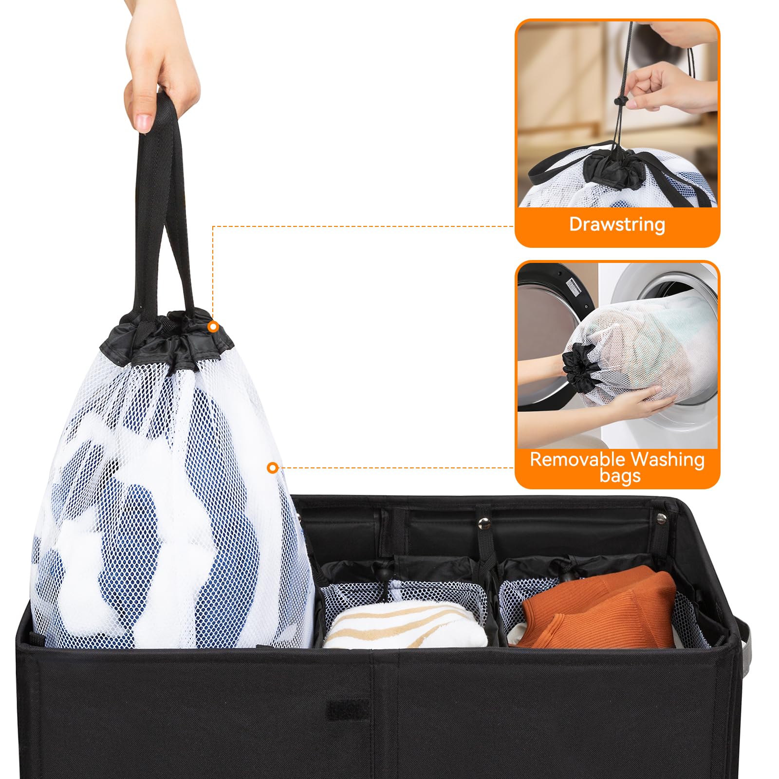 Wowlive Laundry Hamper With Lid,160L Large Laundry Basket 3 Section With Removable Washing Bags,Collapsible Waterproof Dirty Clo