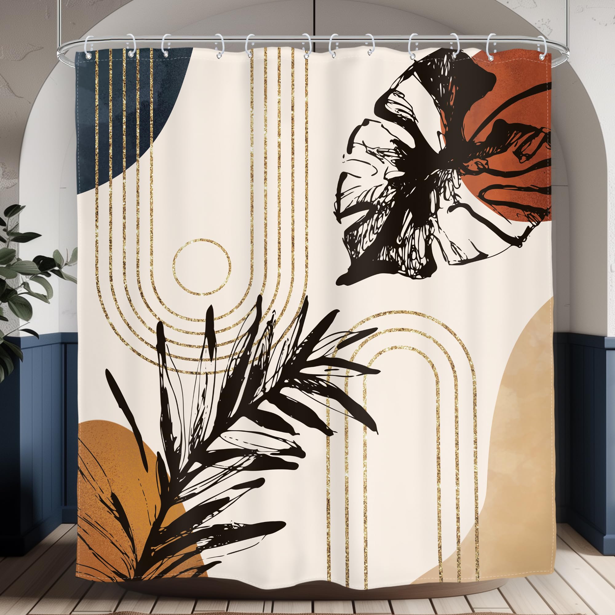 Glawry Abstract Tropical Shower Curtain Boho Watercolor Red Brown Palm Leaf Plant Botanical Bathroom Minimalist Bohemian Leaves
