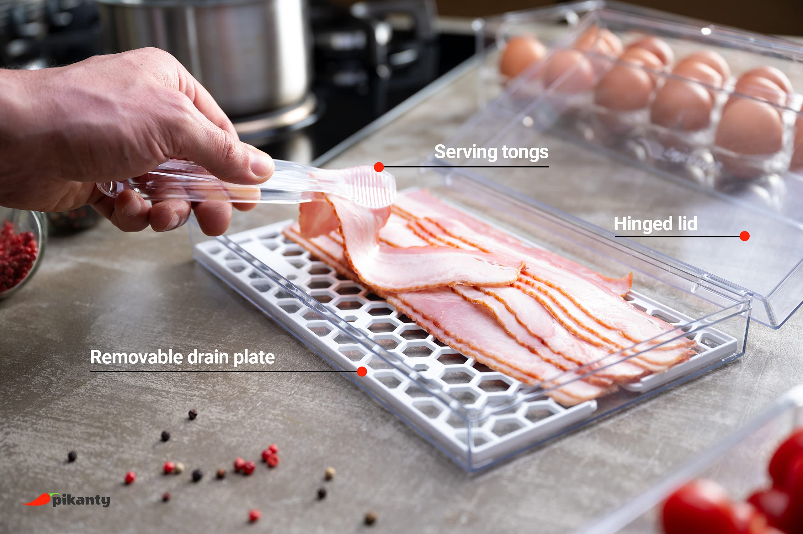 Pikanty - Bacon Container For Refrigerator | Fridge Storage And Deli Meat Keeper With Food Serving Tongs And Drain Plate | Dishw