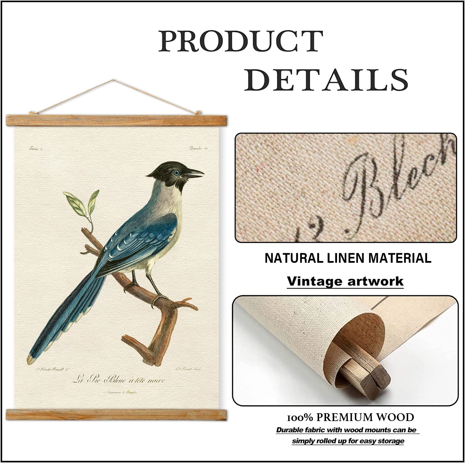 Ovfovy 2 Pack Vintage Birds Poster, Rustic Room Aesthetic, Retro Wall Art Prints Without Fading, Printed On Linen With Wood Fram