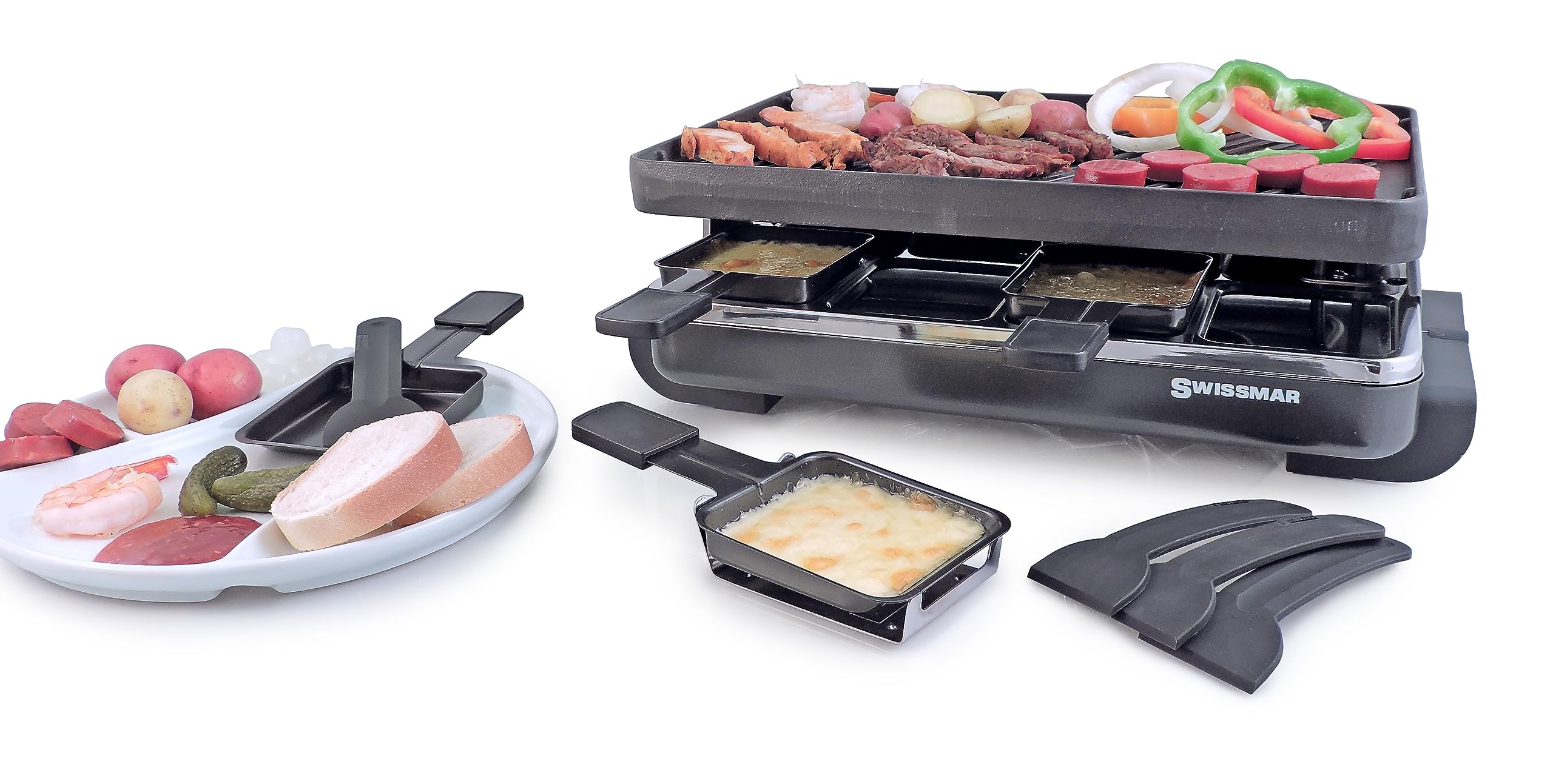 Swissmar Kf-77040 Classic 8-Person Raclette With Reversible Cast Iron Grill Plate/Crepe Top, Black