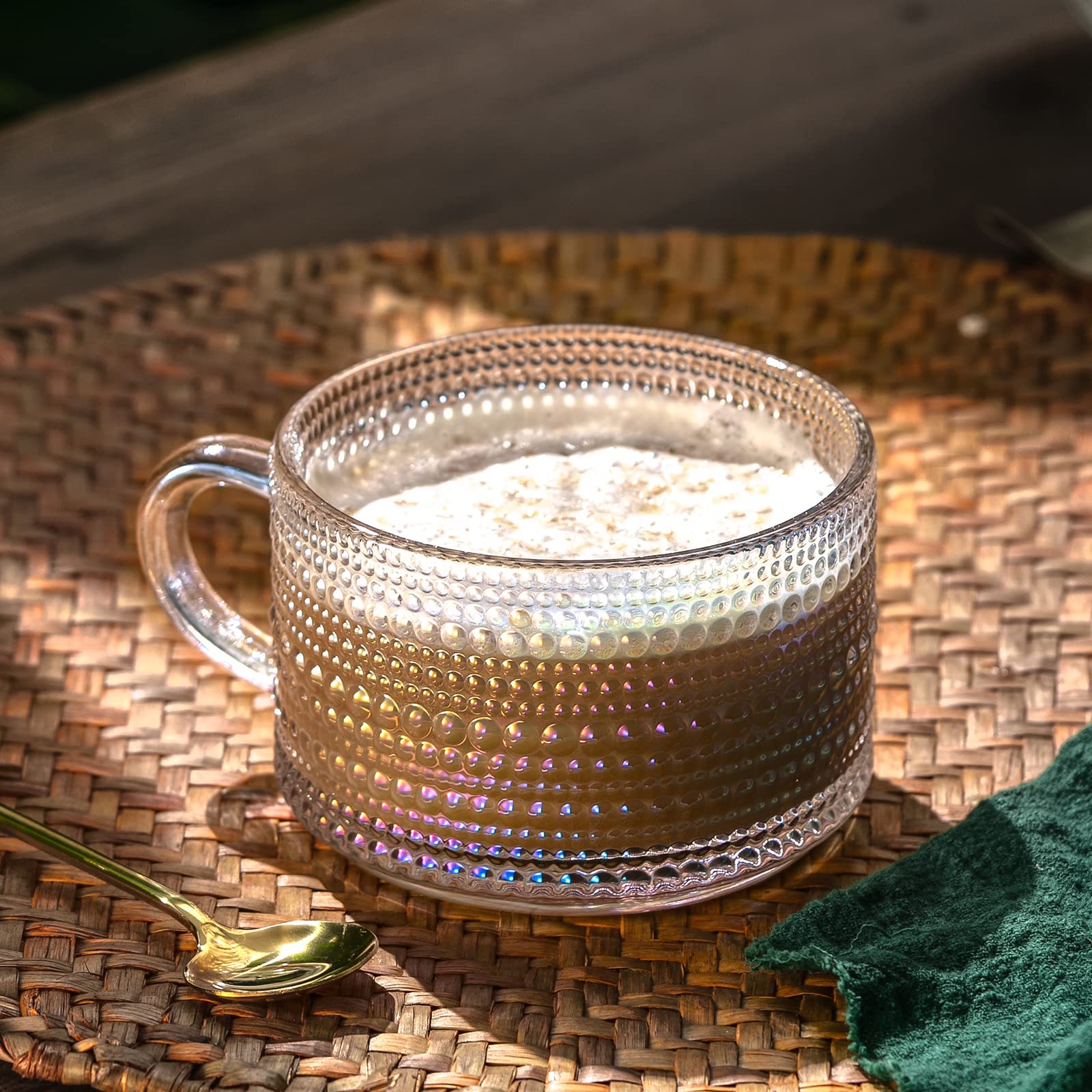 Gezzeny Vintage Glass Coffee Mugs 14 Oz Set Of 2 Iridescent Embossed, Tea Cups,Glass Coffee Cups For Cappuccino, Latte,Cereal, Y