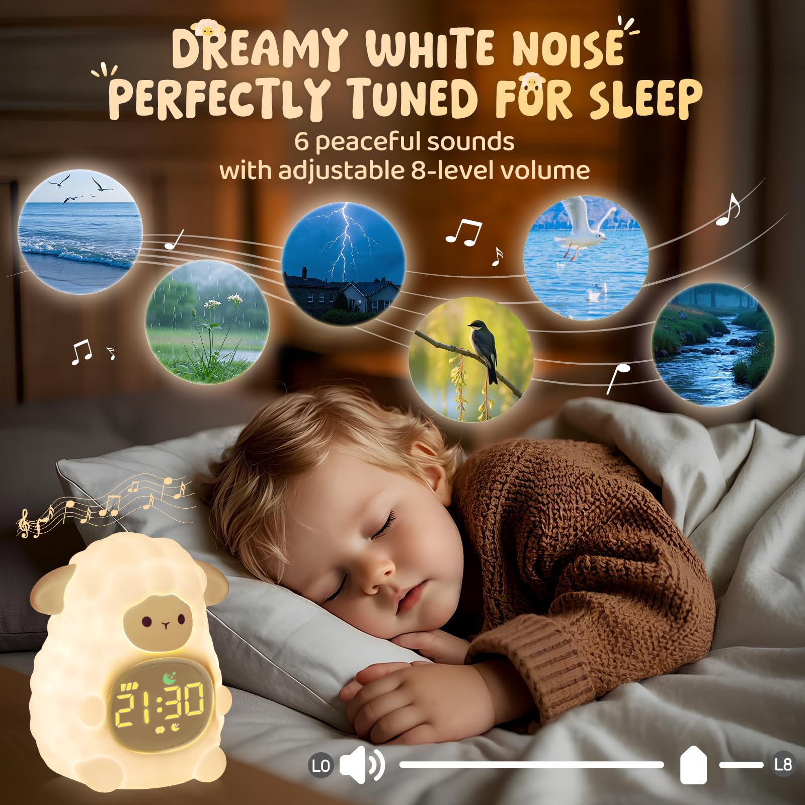 Sheep Alarm Clock with Night Light for Kids with Sleep Training and Sound Machine, Rechargeable Silicone Lamp OK to Wake Clock,C