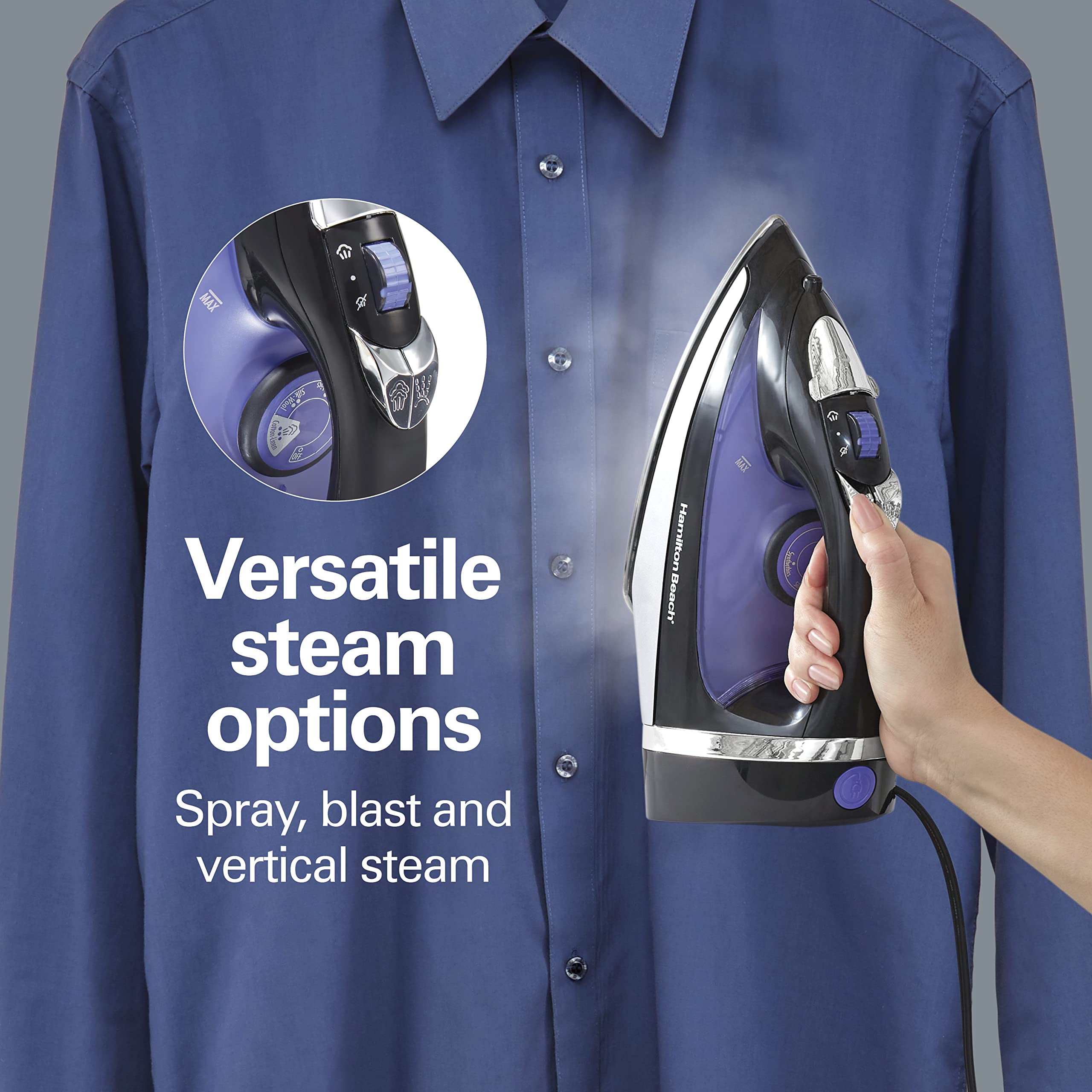 Hamilton Beach Steam Iron For Clothes & Garment Steamer With Smooth Press Stainless Steel Soleplate, 1200 Watts, 8 Retractable C