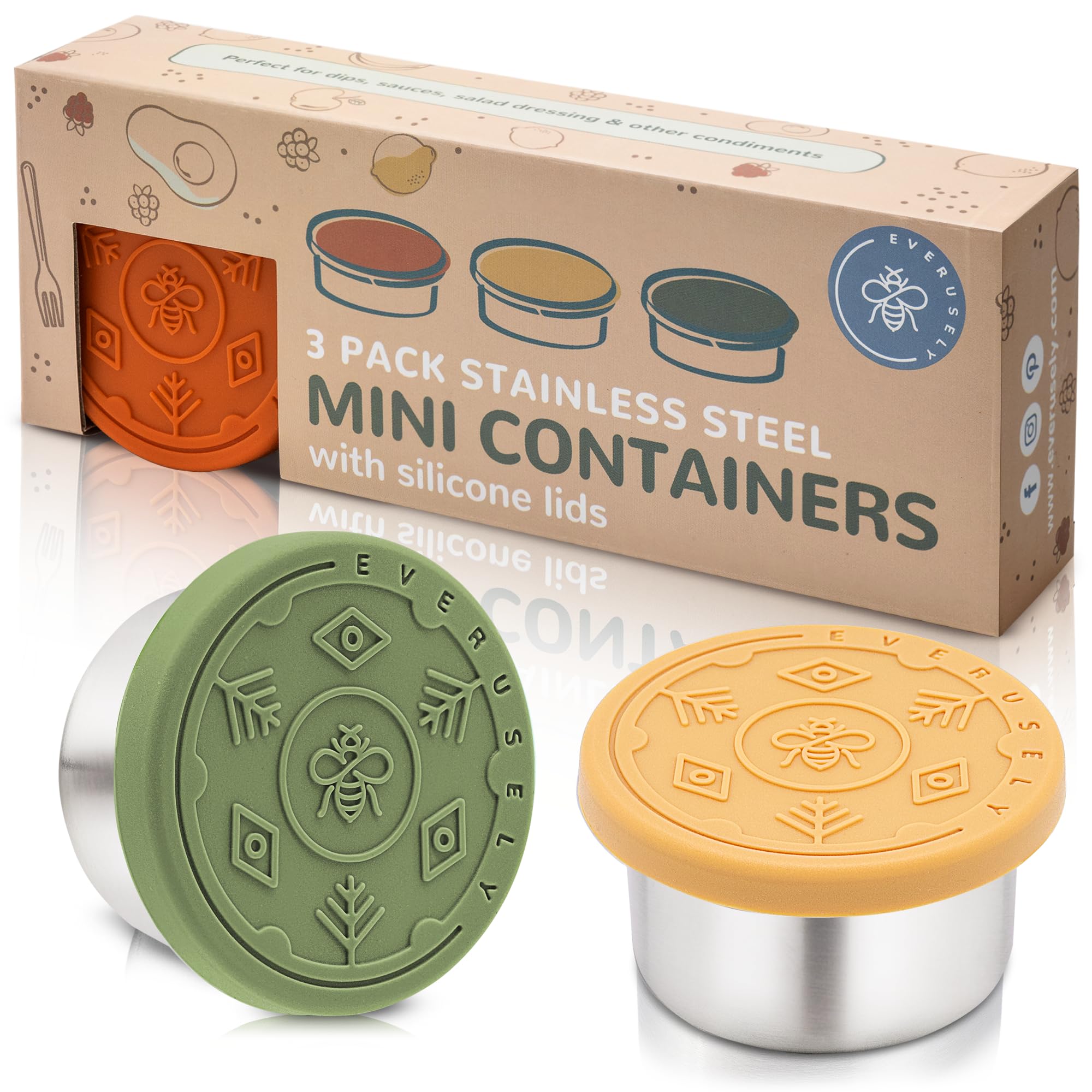 Everusely Mini 3X1.5 Oz Leakproof Salad Dressing Container To Go, Stainless Steel Small Condiment Containers With Lids, Sauce Co