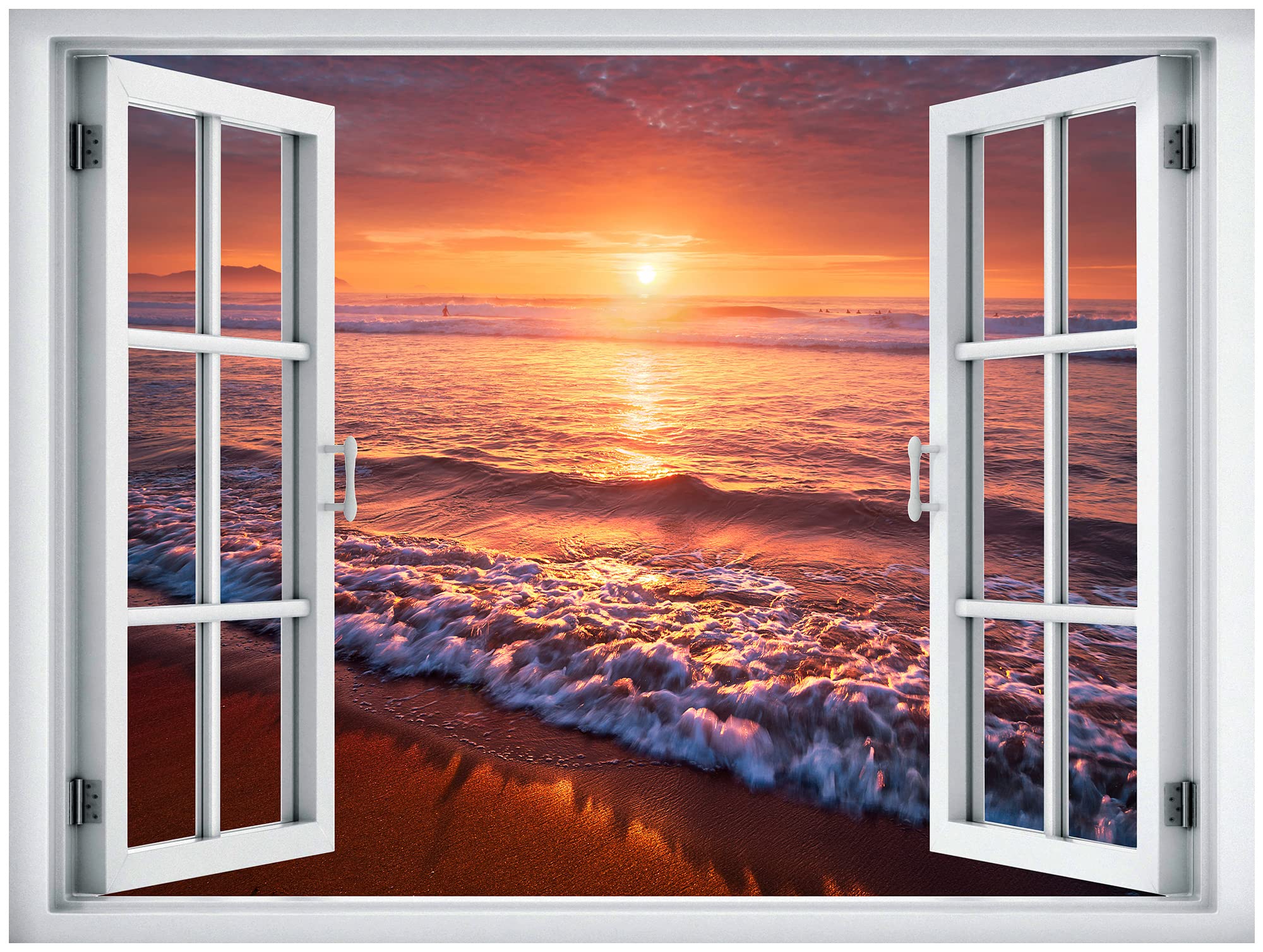 Wall26 Removable Wall Sticker/Wall Mural Window View Vibrant Ocean Shore Seafoam Wave Sunset Nature Wilderness Photography Reali