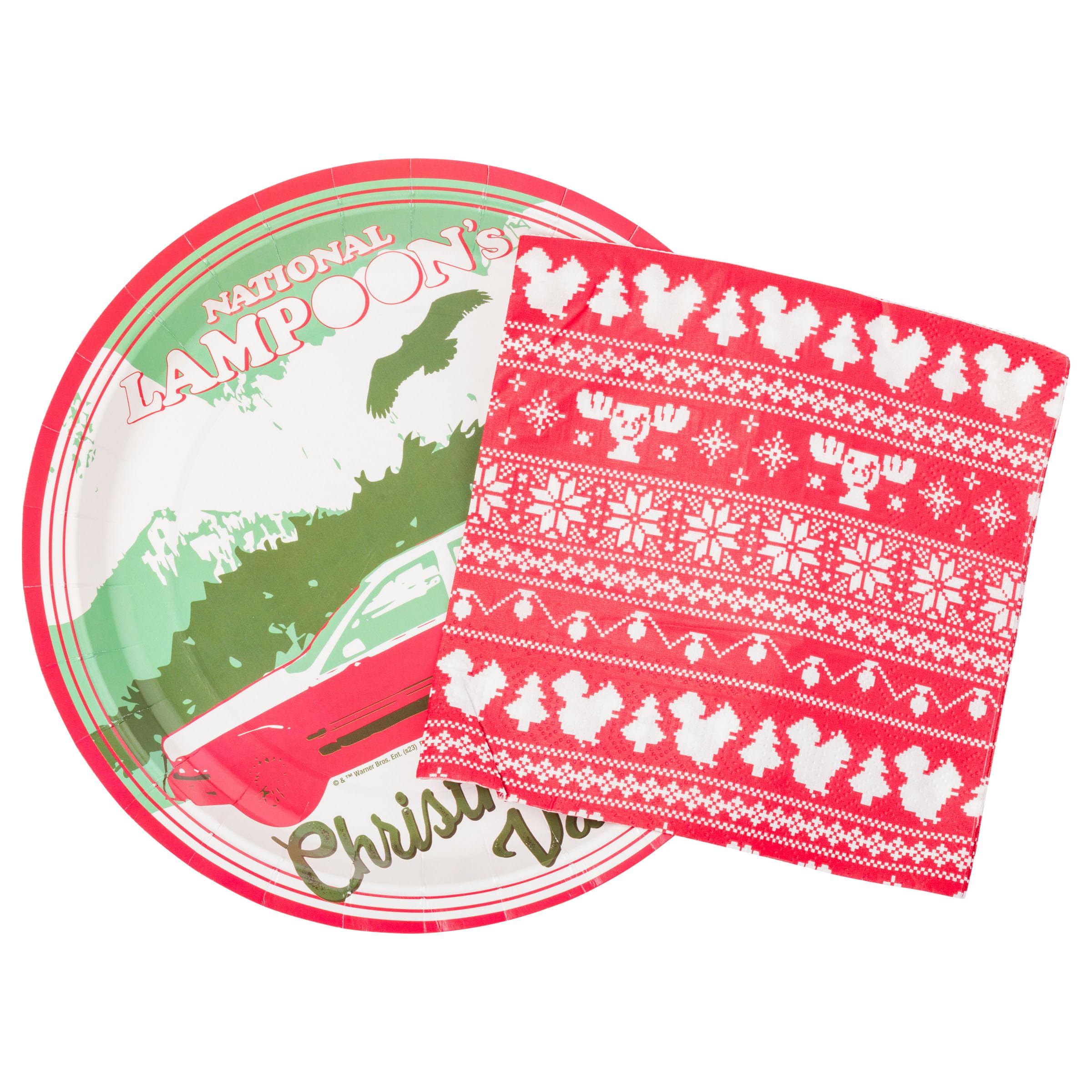Silver Buffalo Christmas Vacation Wagon Tree Scene Sweater Pattern 32Ct Paper Napkin And Plate Party Pack
