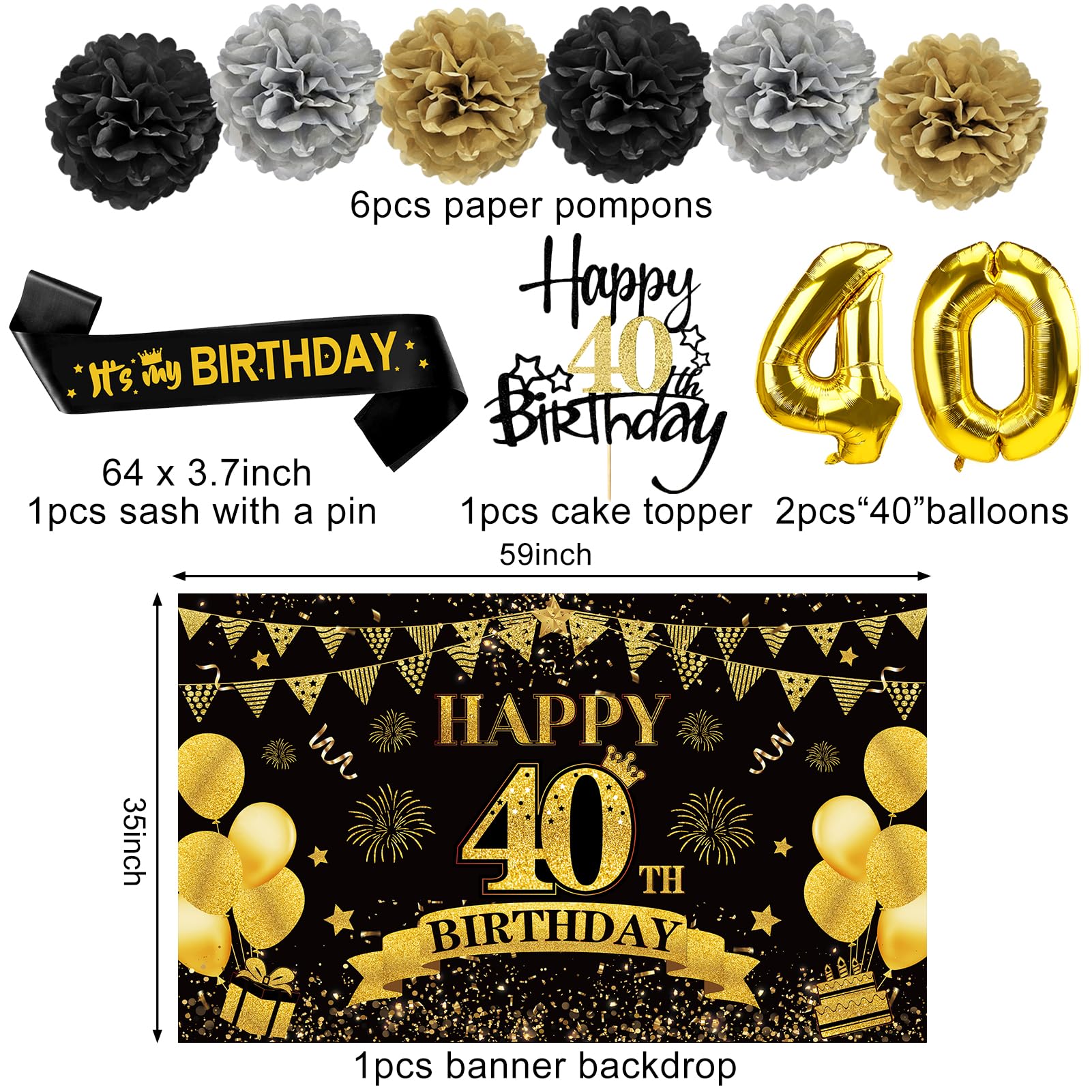 Eucutur 42Pcs 40Th Birthday Decoration Kit For Men Women, Black Gold Happy 40Th Bday Banner Balloons Honeycomb Centerpiece Swirl