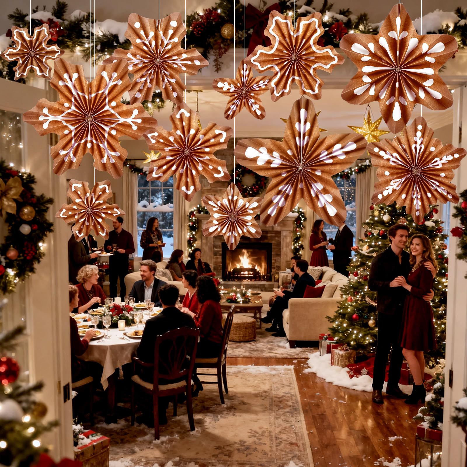 Fullhawl 12 Pcs Christmas Paper Fans Party Decorations Snowflakes Gingerbread Hanging Paper Fans Decorations Christmas Ceiling W