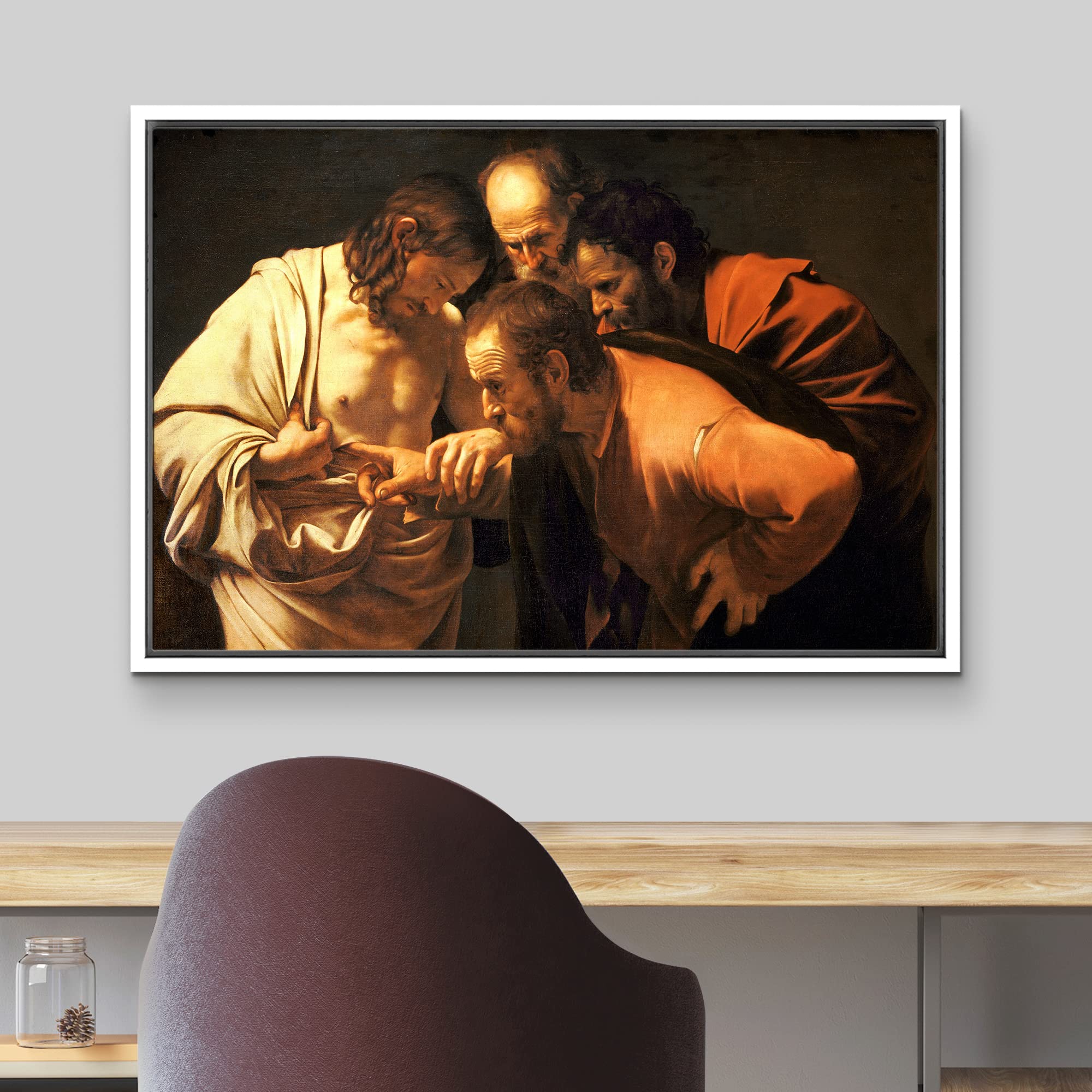 Wall26 - The Incredulity Of Saint Thomas By Caravaggio - Framed Canvas Print Wall Art Famous Painting Reproduction - 24''X36'' W