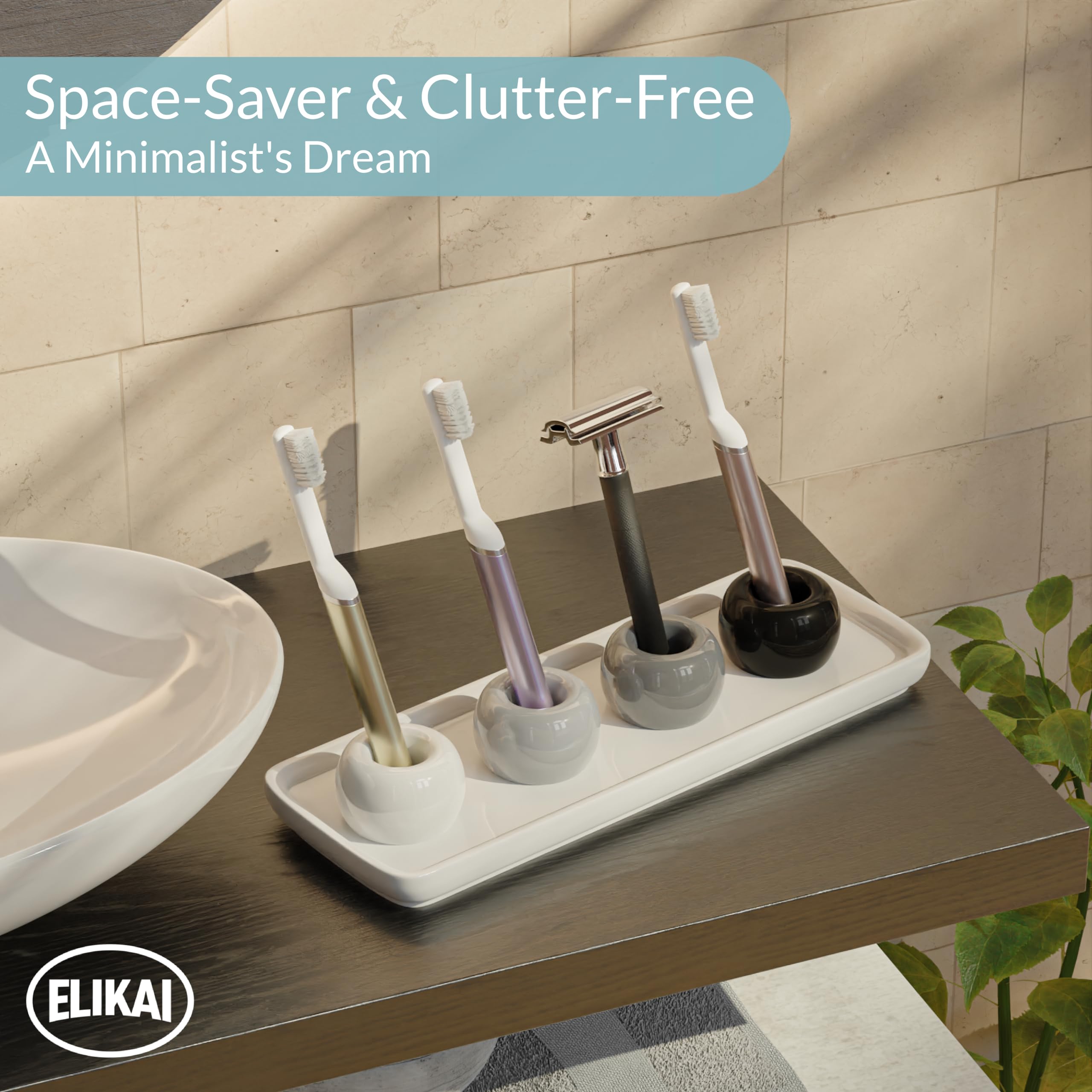 Standing Toothbrush Holder With Tray, Toothbrush Stand, Ceramic Toothbrush Holder For Bathroom, Small Toothbrush Holder (4 Holde