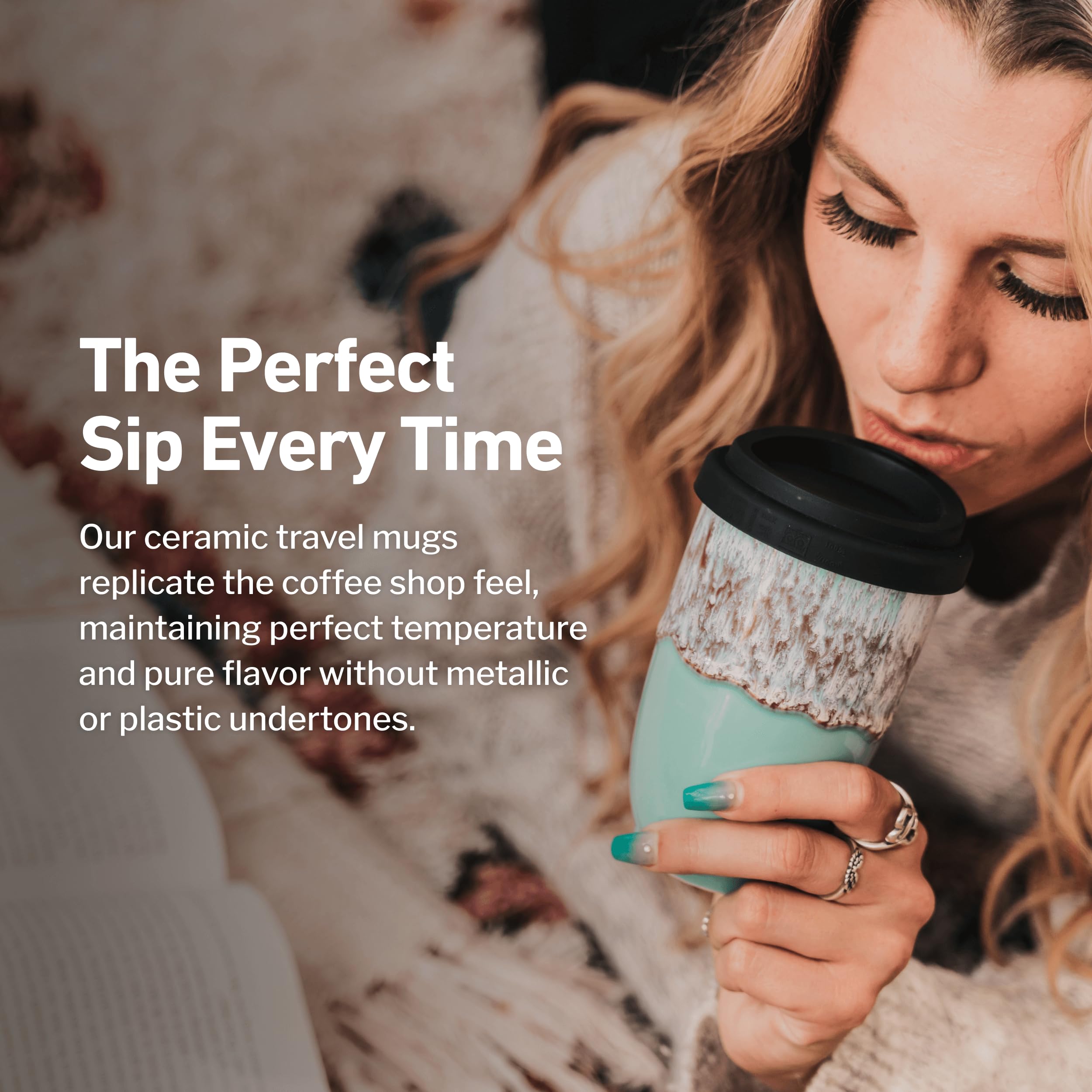 NOVA CERAMICS Reusable Coffee Cup, 12oz Ceramic Travel Mug, Aqua with Running Purple Glaze, Portable, Medium Size