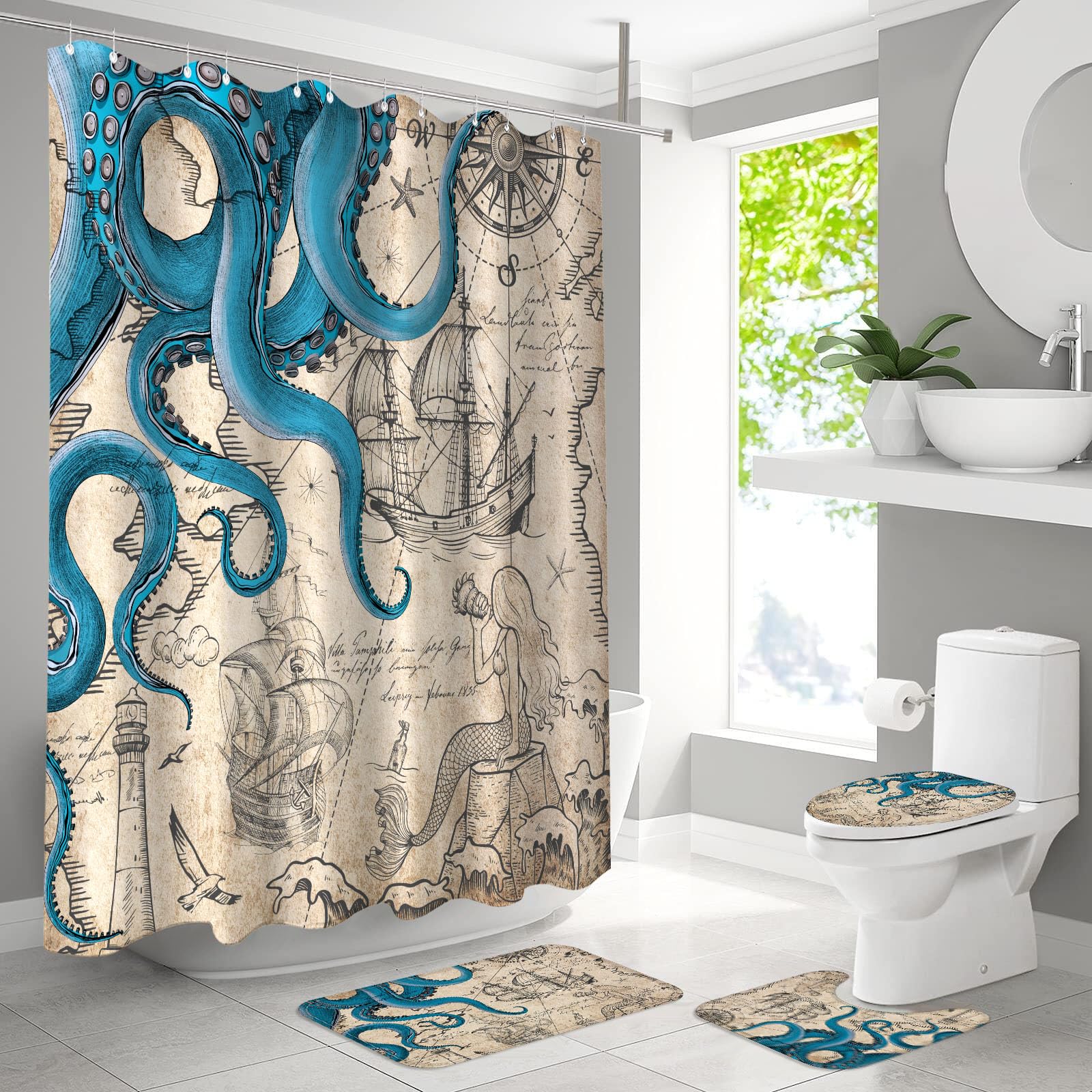 Fungarth 4 Pcs Vintage Nautical Octopus Shower Curtain Set With Rug Retro Coastal Bathroom Sets With Waterproof Shower Curtain A