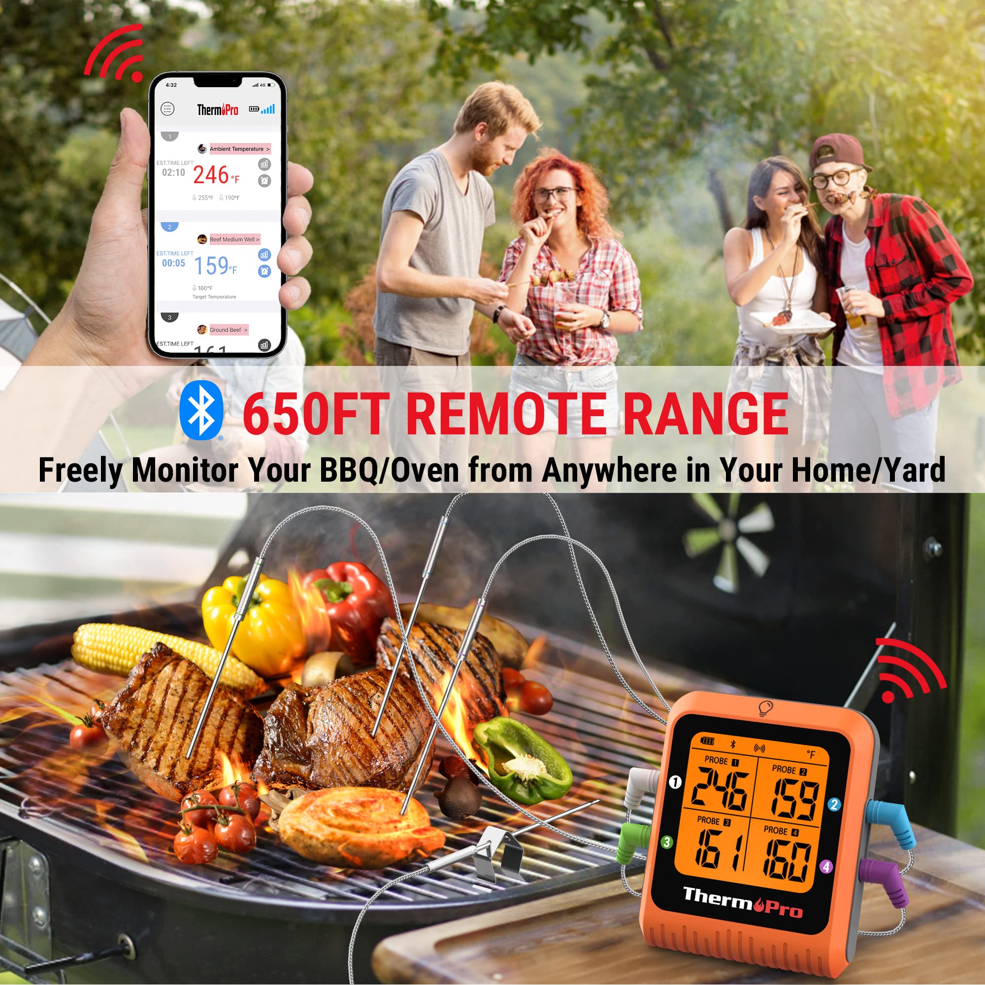 Thermopro Tp930 650Ft Wireless Meat Thermometer, Bluetooth Meat Thermometer With 4 Color-Coded Meat Probes, Grill Thermometer Wi