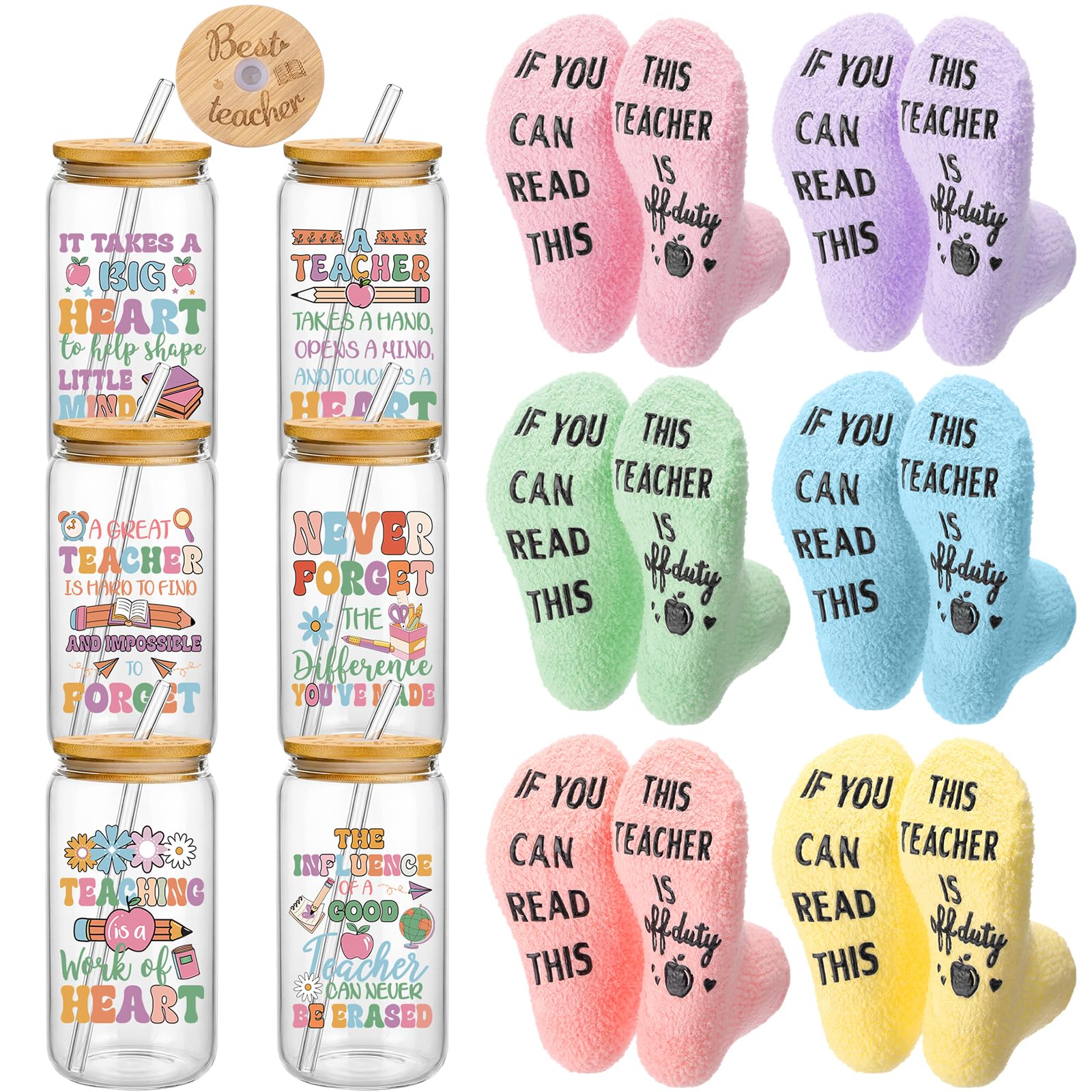 Domensi 12 Pcs Teacher Appreciation Gifts from Student 16 oz Glass Cups with Lids Novelty Socks End of Year & Thank You Gifts fo