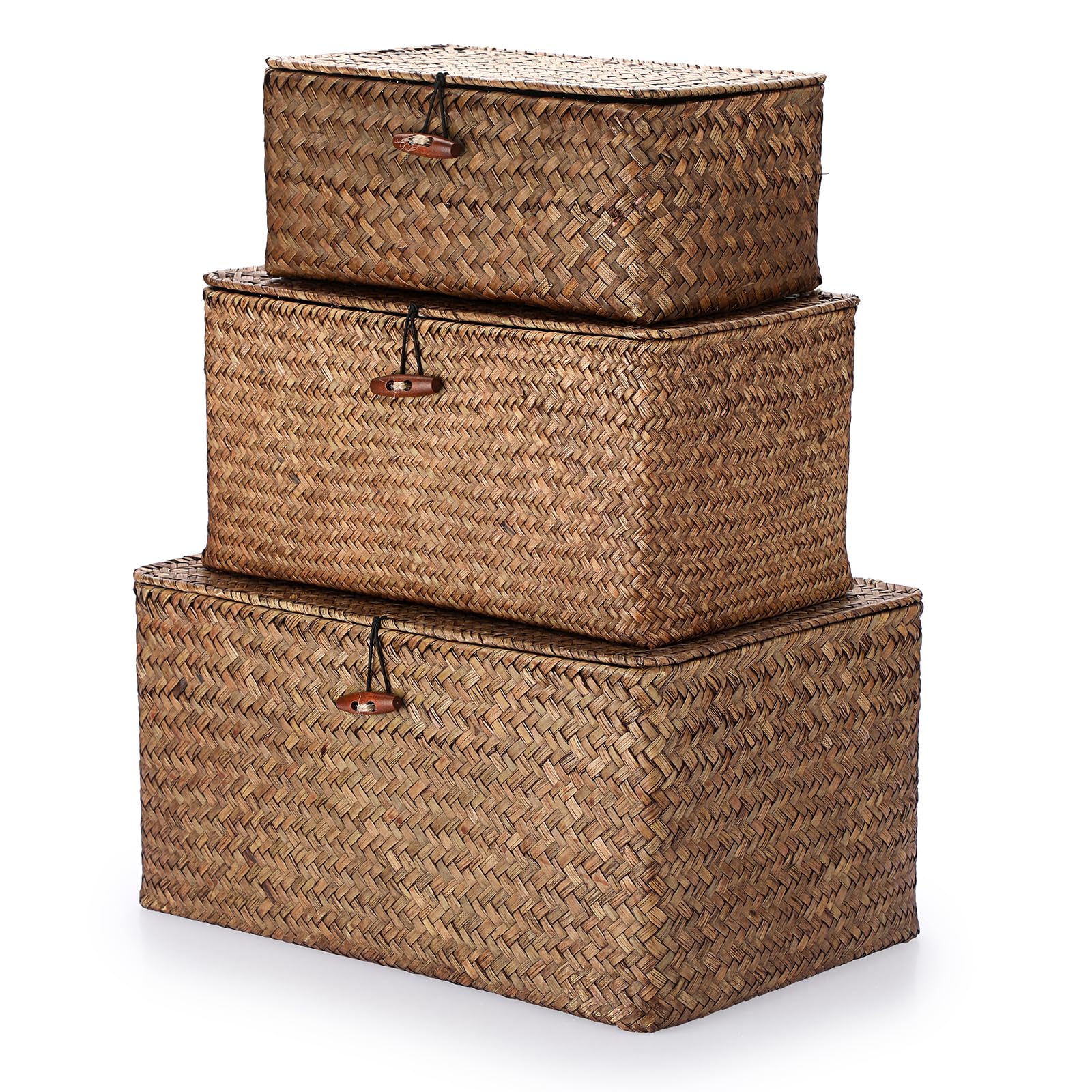 Hipiwe Set of 3 Natural Seagrass Storage Baskets with Lid - Large Handwoven Wicker Storage Bins Rectangular Household Organizer 