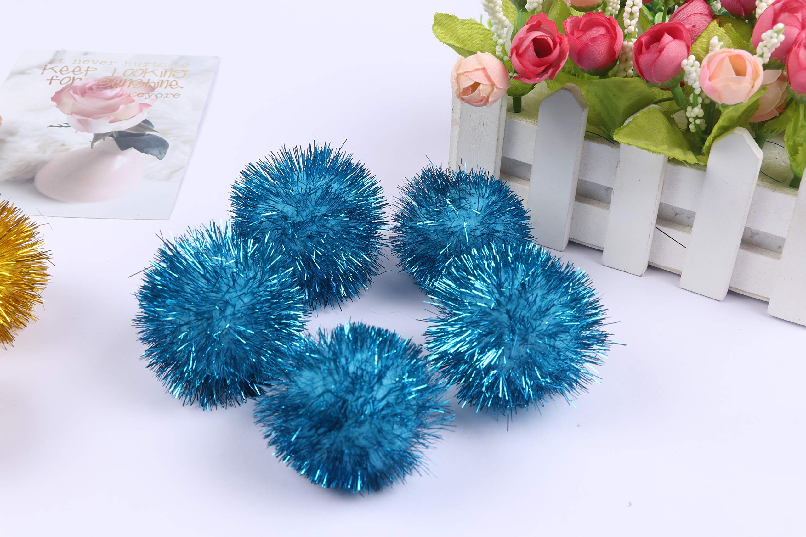 YYCRAFT Glitter Tinsel Pom Poms - 50pcs Sparkle Balls for DIY Crafts, Party Decor, Cat Toys - 25mm, Blue