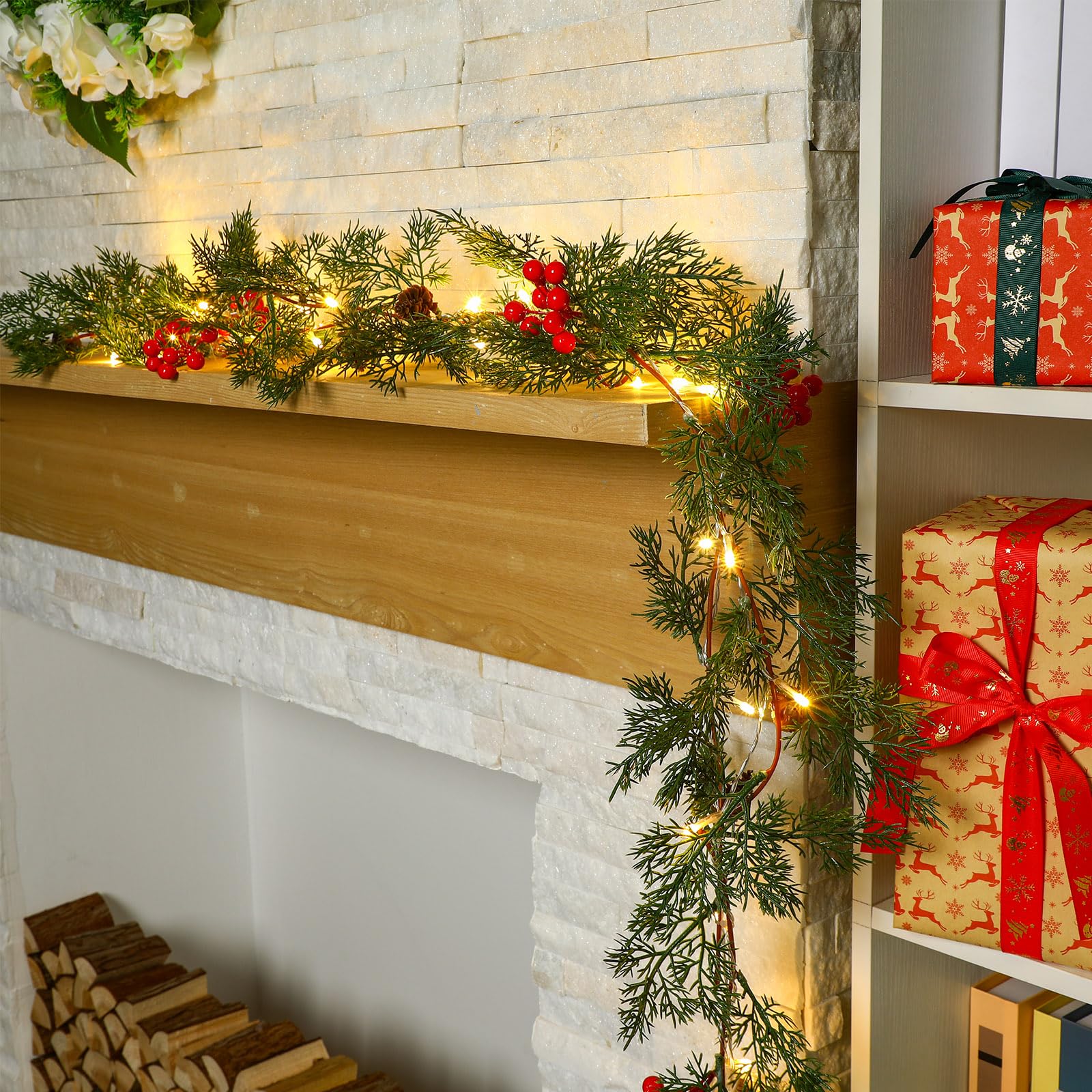 Spiareal 1 Pcs 9 ft Christmas Garland with Light Christmas Lighted Pine Garland Prelit Battery Operated Cedar Pine Cone Red Berr