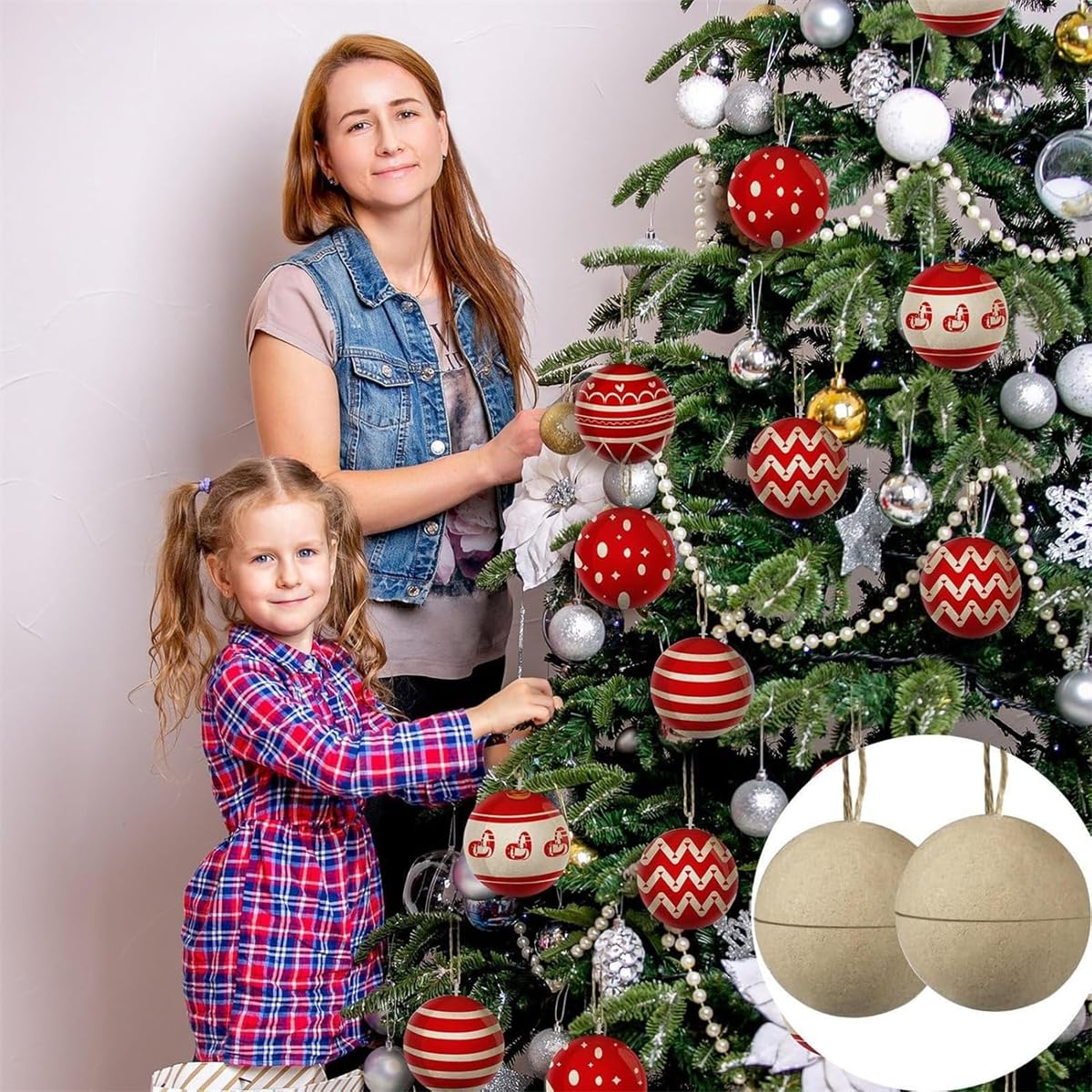 48PCS Paper Mache Christmas Ball Ornaments, DIY Paper Mache Round Ball Ornaments, Unpainted Empty Balls Hanging Ornament to Pain