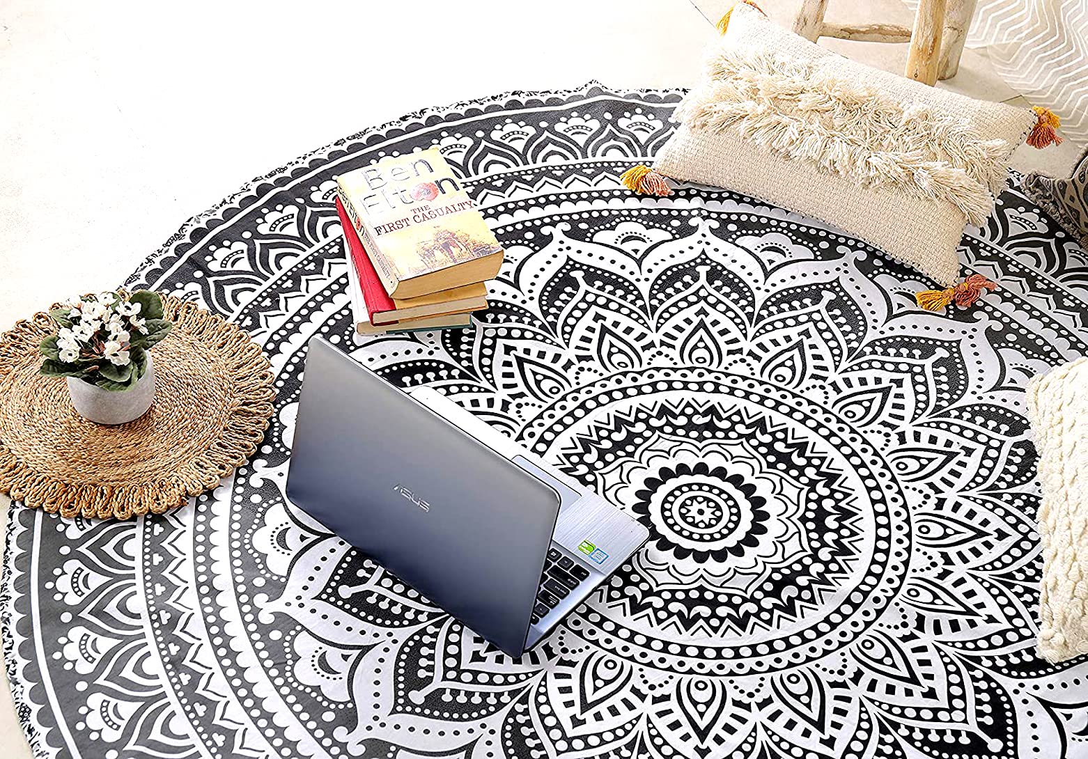 Raajsee Grey Black Round Beach Tapestry Hippie/Boho Beach Blanket Mandala Roundie/Indian Cotton Throw - Round Tablecloth/Home De