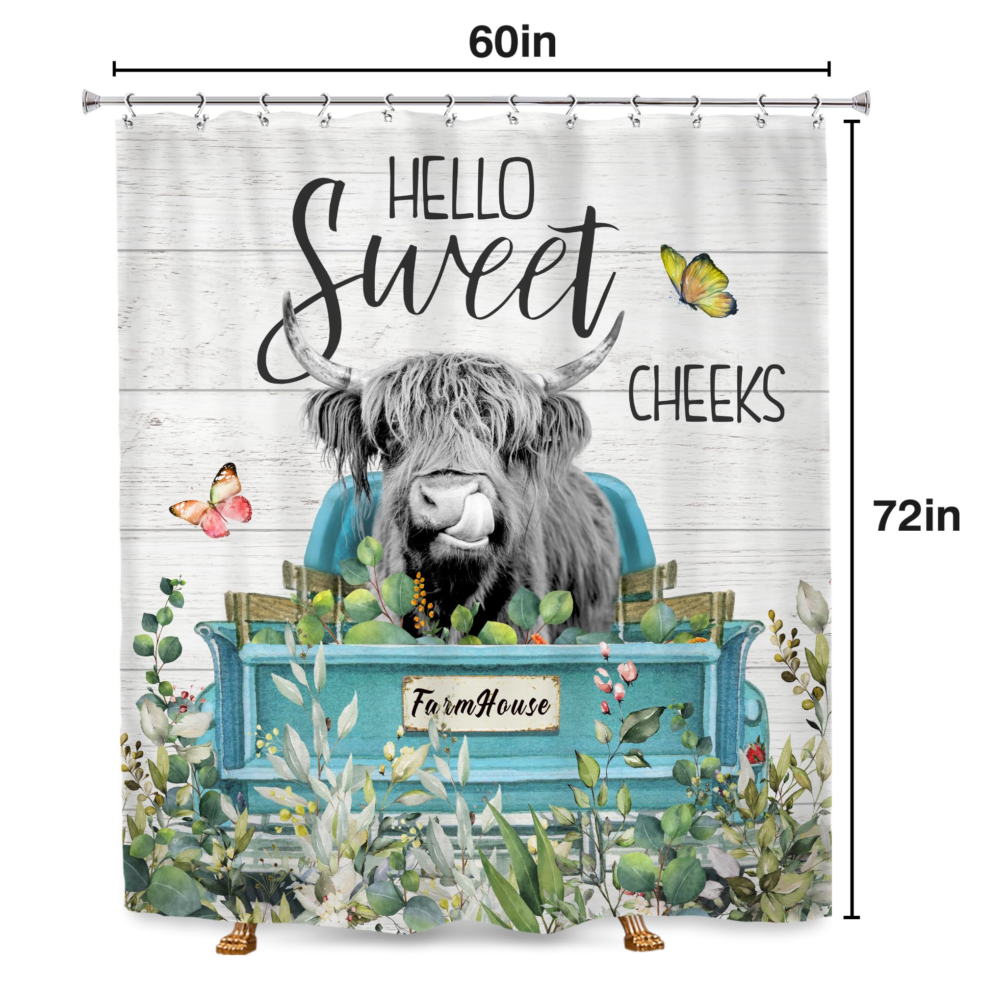 Svbright Highland Cow Shower Curtain 60Wx72L Inch Eucalyptus Funny Spring Cattle Bull Western Animal Truck Rustic Woodnature Far