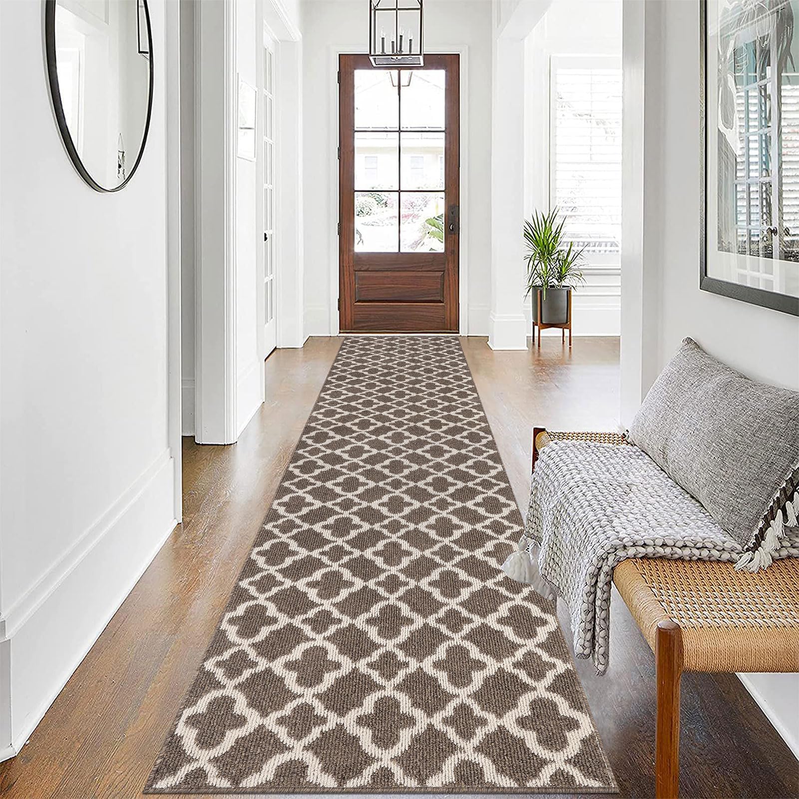 UArtlines Extra Long Runner Rug for Hallway 2.6  12feet Non Slip Kitchen Floor Carpet Runners Brown Geometric Pattern Machine W