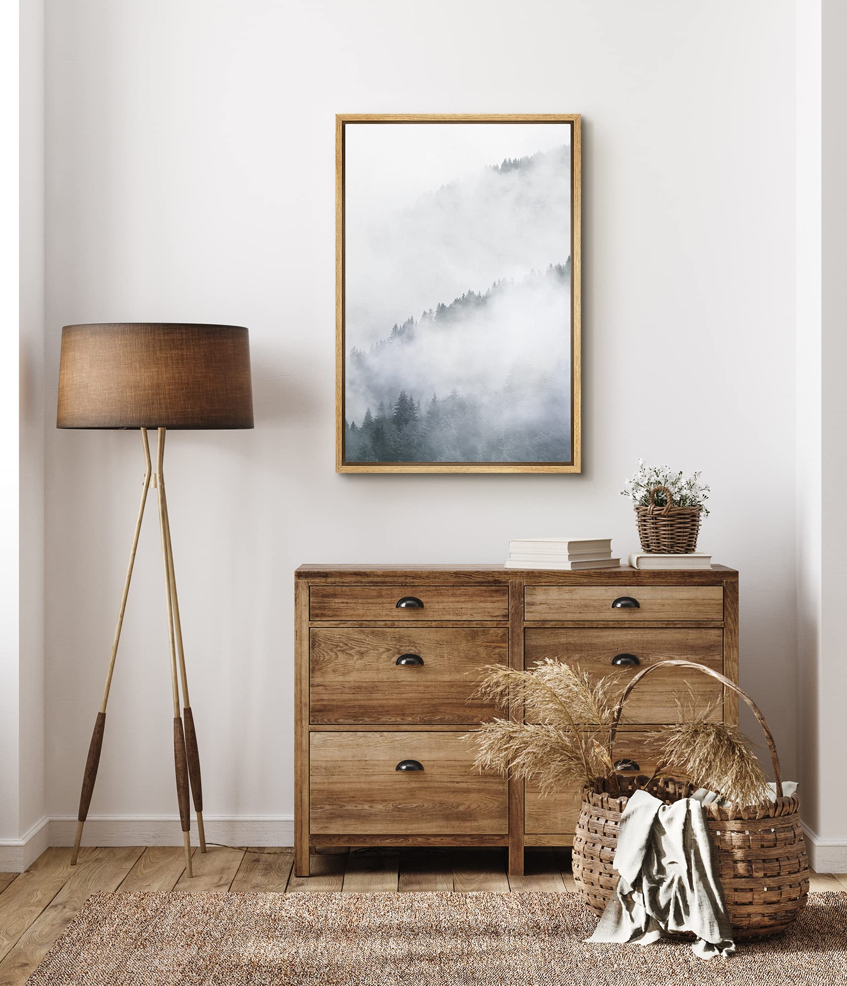 Signford Framed Canvas Print Wall Art Forest Shrouded By Mist Nature Wilderness Photography Realism Contemporary Scenic Dark Bla