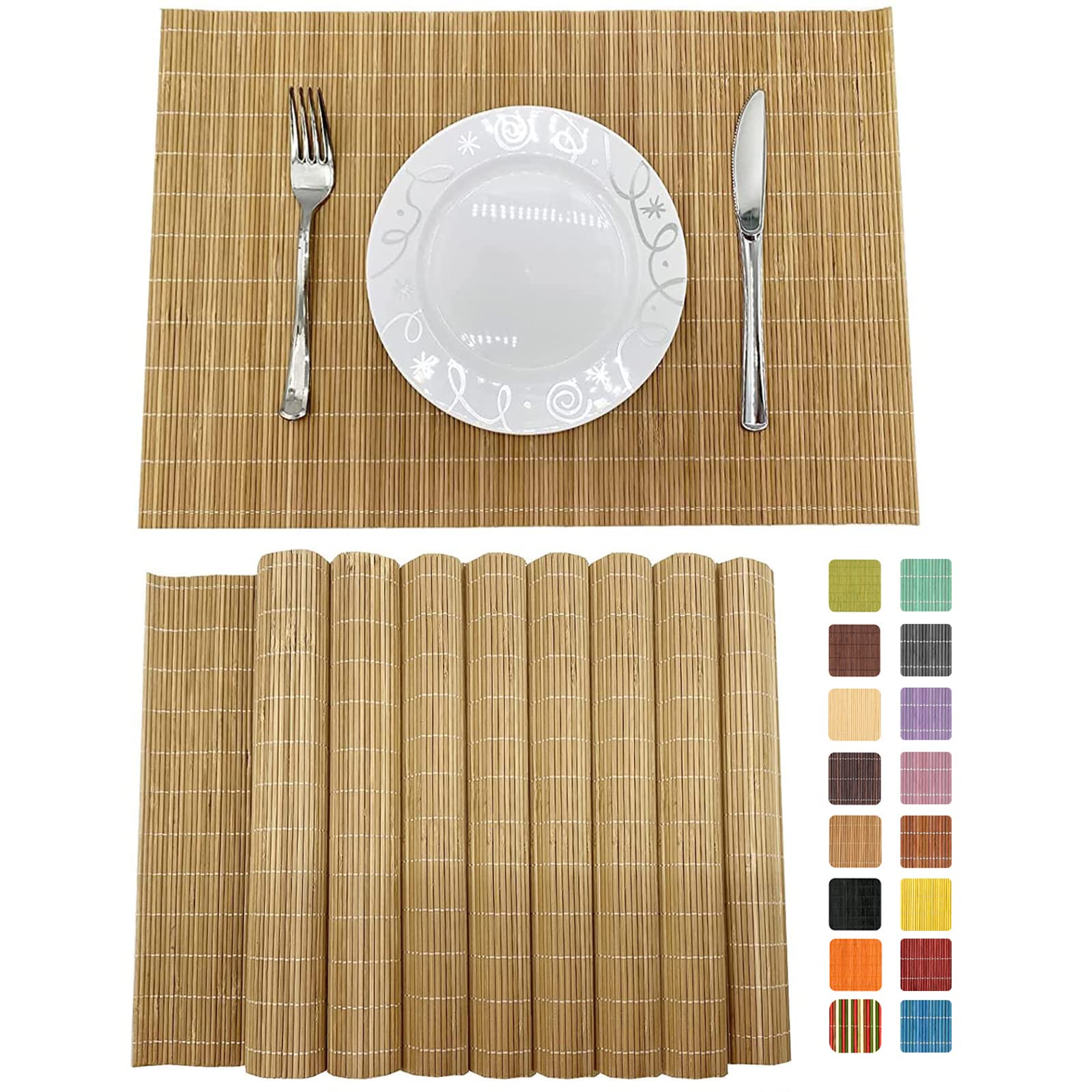 Andstar Set Of 8 Pcs Bamboo Placemats Sushi Rolling Mat Japanese Style Natural Anti-Slip, Washable Heat-Resistant Table Mats For