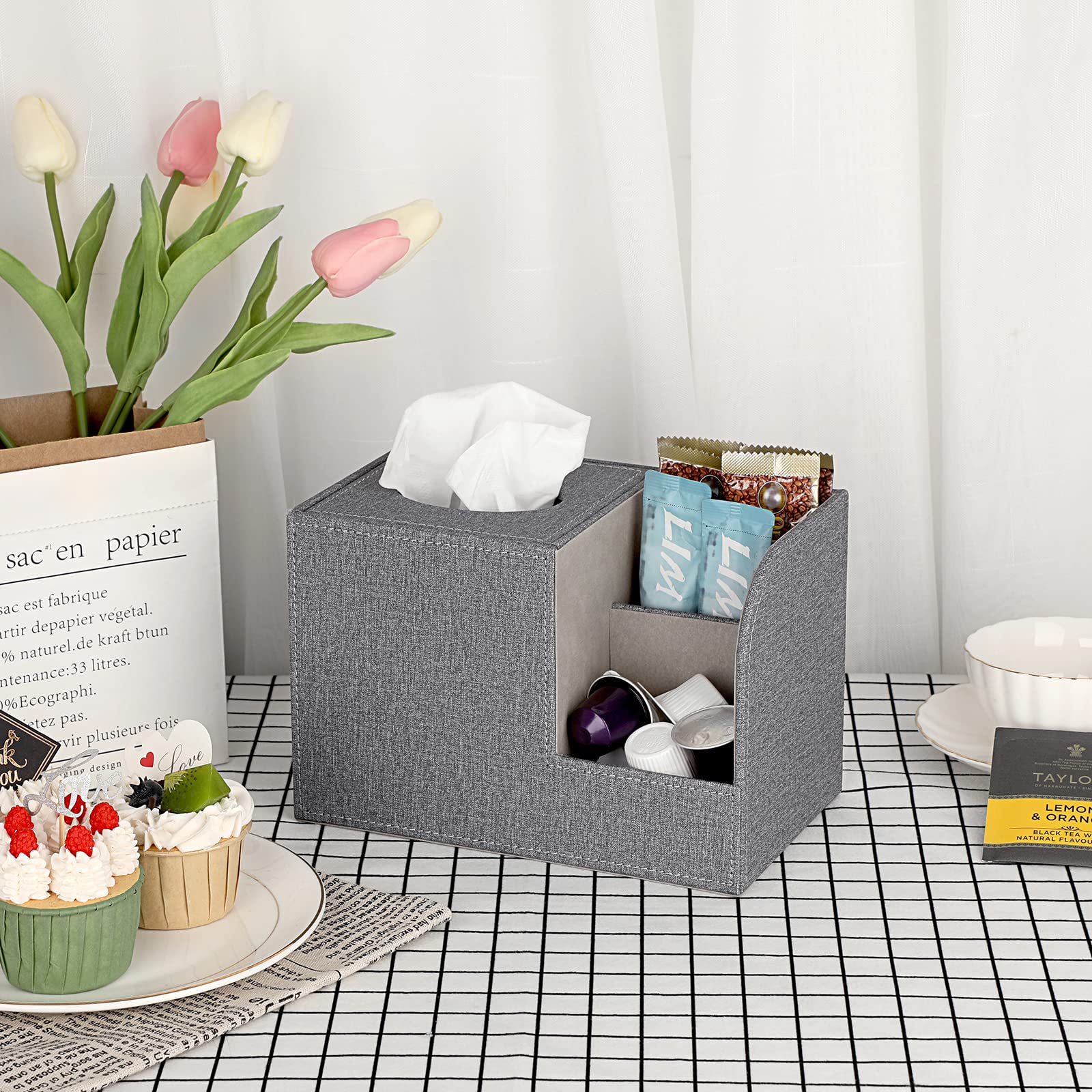 Sumnacon Square Linen Tissue Box Cover - Decorative Cube Tissue Box Holder With Side Organizer, Modern Tissue Box For Living Roo