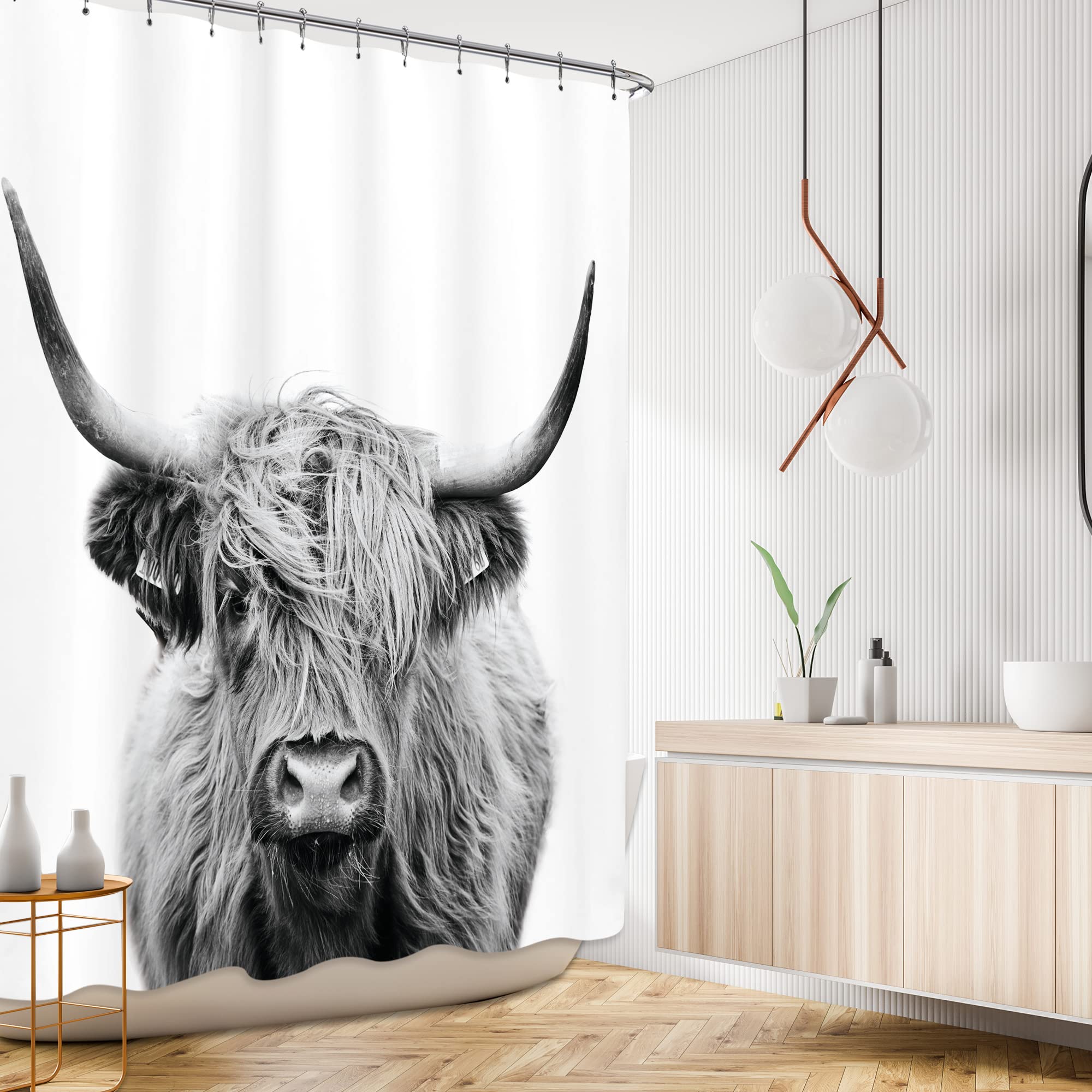 Ambzek Highland Cow Shower Curtain 72Wx84L Inch Bull Western Country Farmhouse Cattle Animal Wildlife Extra Long Large Funny Cut