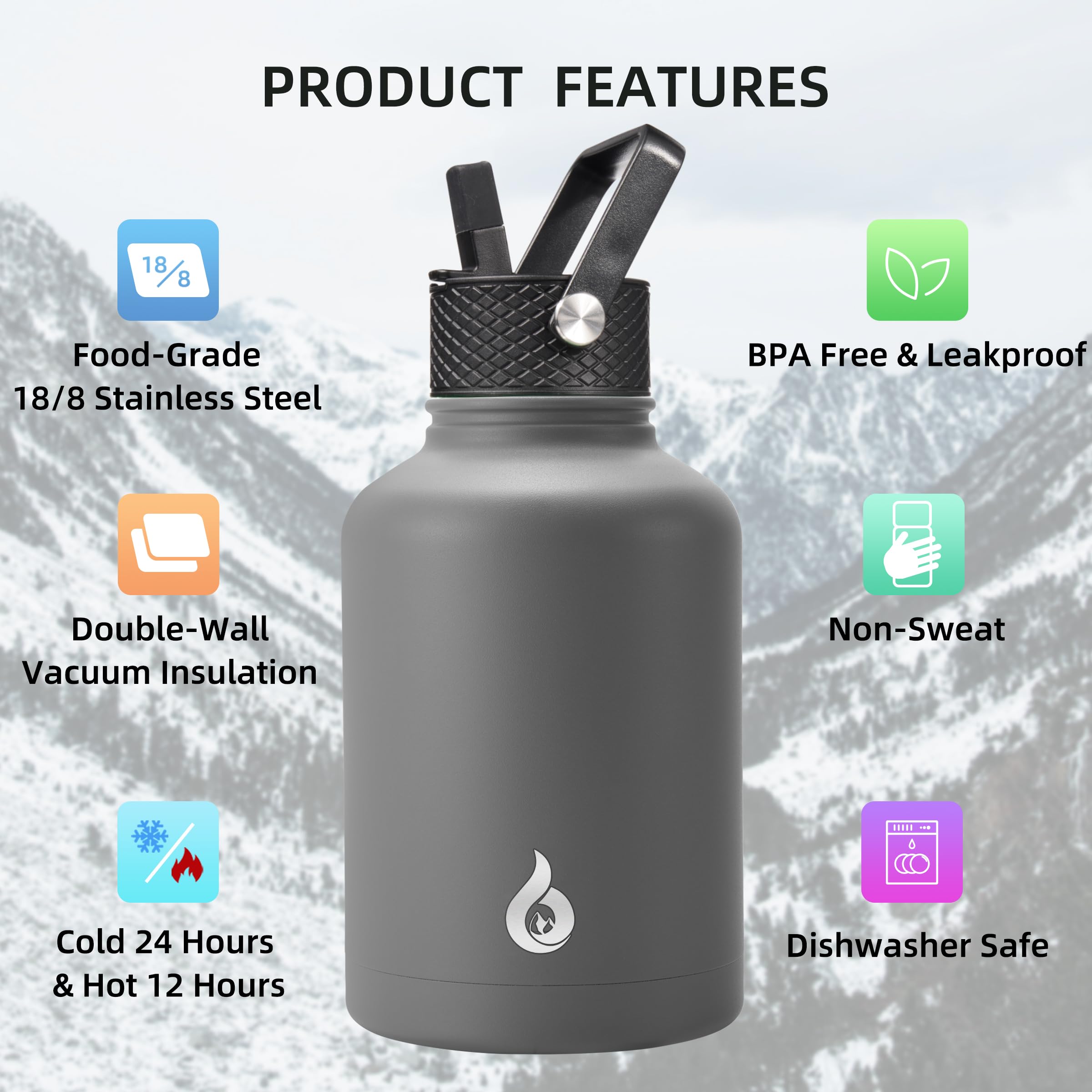 Bjpkpk 50Oz Stainless Steel Insulated Water Bottle, Vacuum Water Bottle With Straw, Leak Proof, Hot & Cold Insulation, 3 Lids &