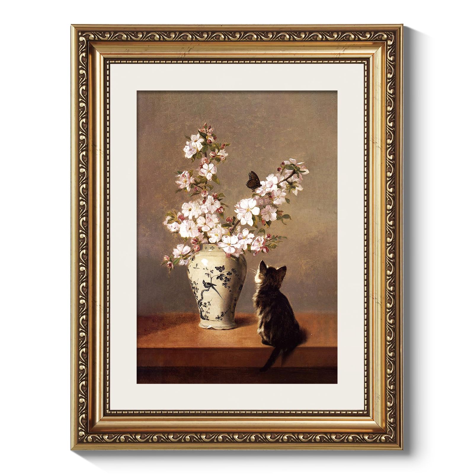 Arpeotcy Vintage Gold Framed Wall Art, Cat Butterfly Floral