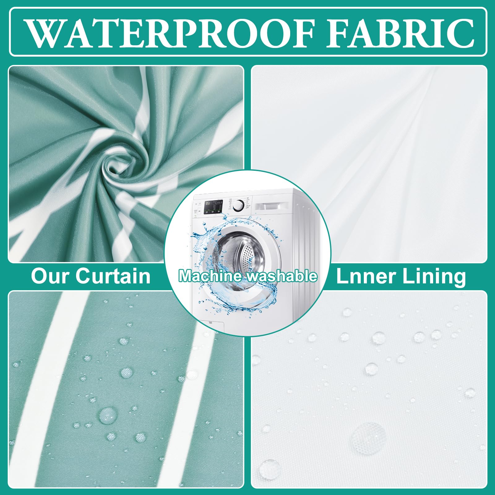 Lxbni No Hook Ombre Teal Striped Shower Curtain With Snap In Fabric Liner Set - Hotel Shower Curtain And Liner Set With See Thro