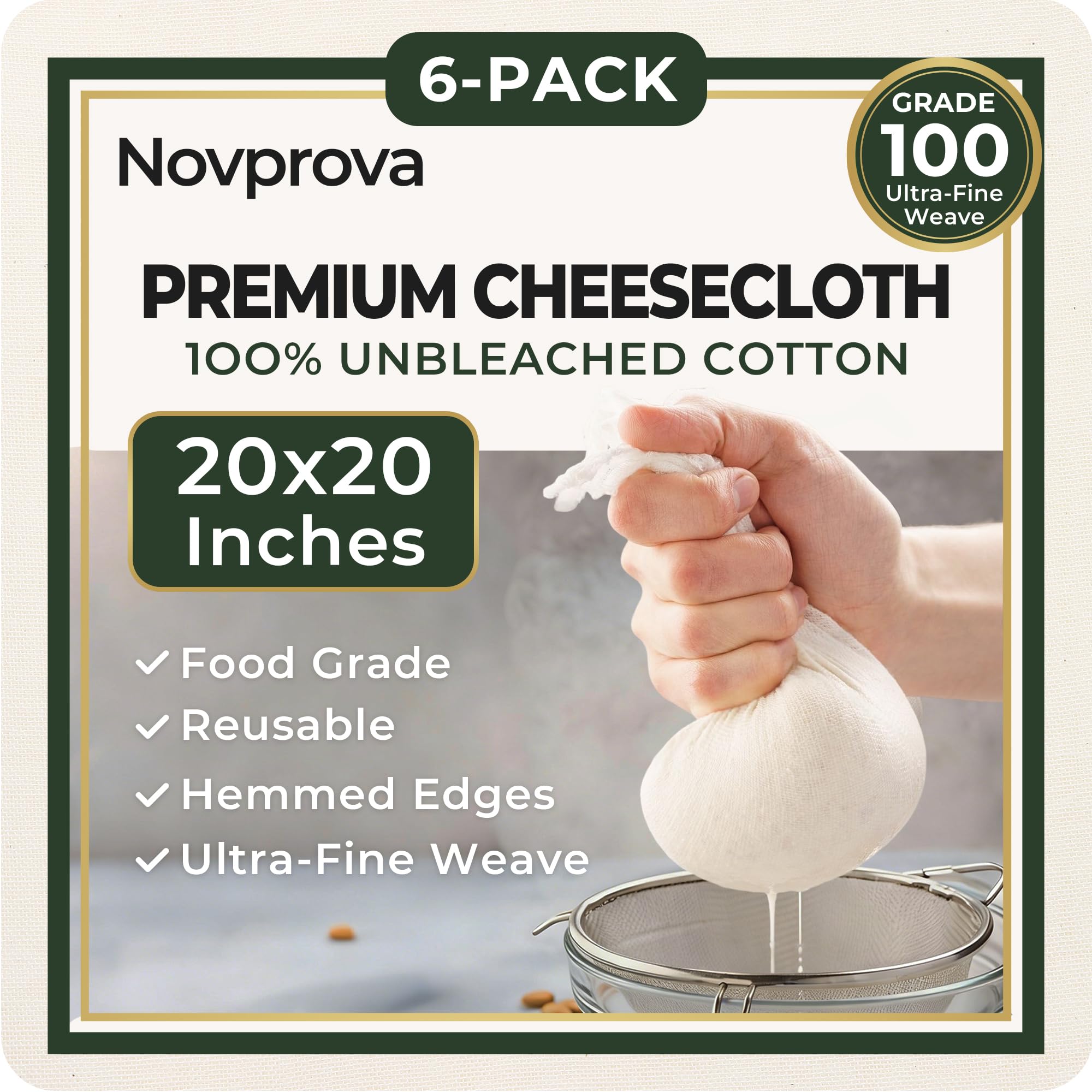 Novprova 6Pcs Grade100 Cheese Cloths,20x20 Inch,100% Unbleached Cotton,Pre-Cut Reusable Muslin Cheese Cloth for Cooking and Stra