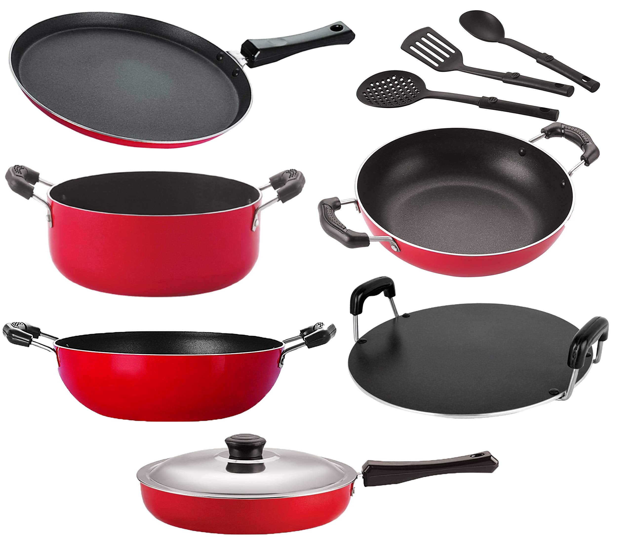 Nirlon Nonstick Aluminium Rust Free NonInduction Cookware Essential Combo Set Of 9 Pieces { 26_Ft13_Kd12_Kd14_Rt_Cass20_Fp12_3S