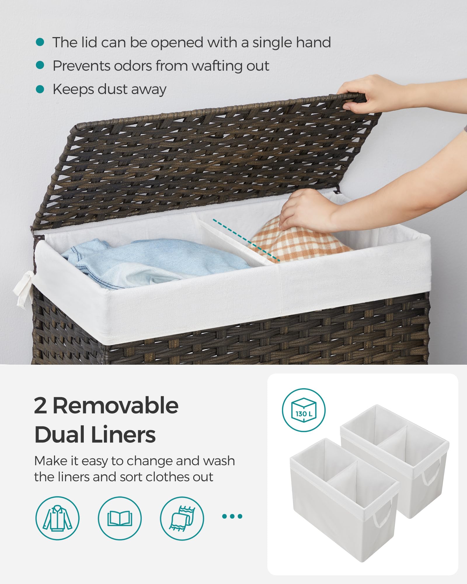 Songmics Laundry Hamper With Lid, 130L Clothes Hamper With 2 Removable Liner Bags And 6 Mesh Bags, Wicker Laundry Basket, Double