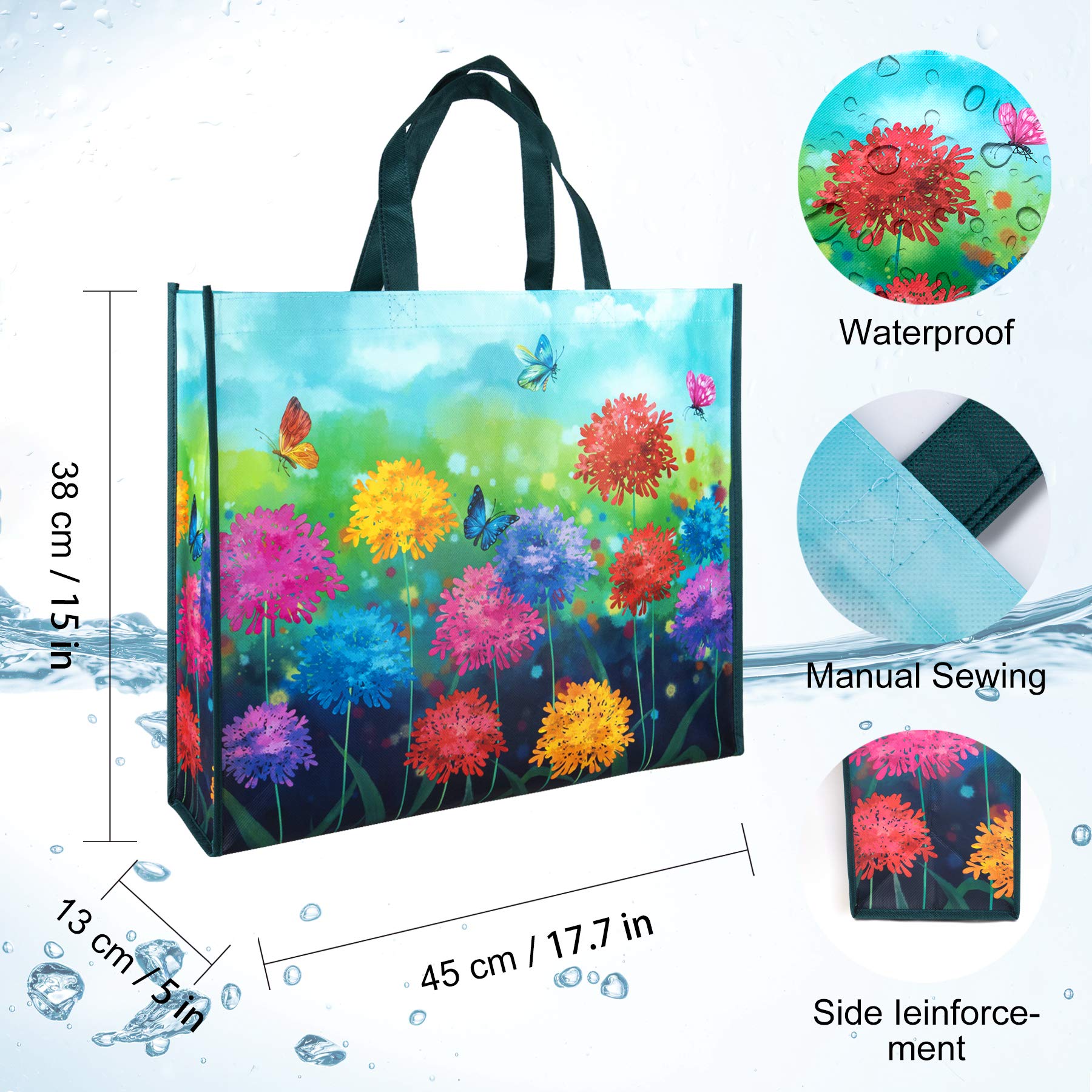 Nymphfable 6 Pack Grocery Bags Reusable Butterflies Colorful Flowers Shopping Bags Washable Foldable Tote Bag 50Lbs
