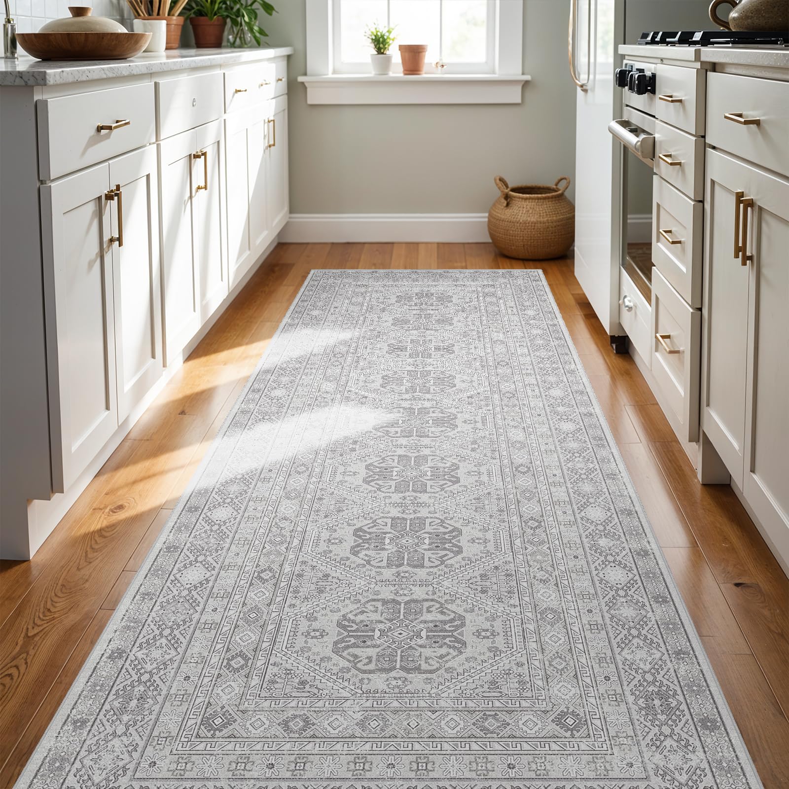 3x8 Runner Rug Kitchen Washable: Oriental Indoor Hallway Runners with Non Slip Backing Floor Mat for Entryway Door Low Pile Thin