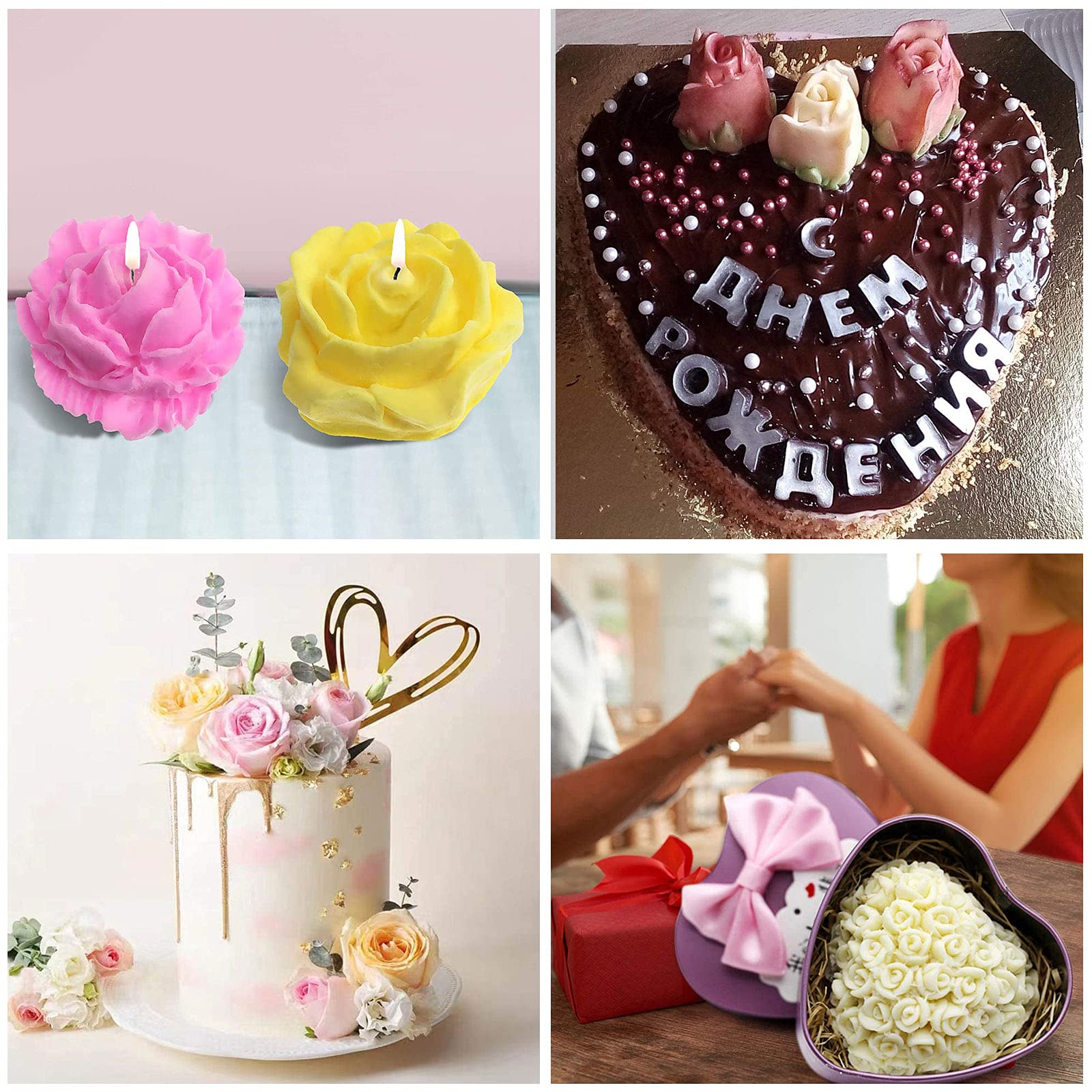 Whaline 4Pcs 3D Rose Silicone Mold Valentine'S Day Mold Assorted Heart Flower Bloom Shape Fondant Mould Chocolate Candy Mold Cak