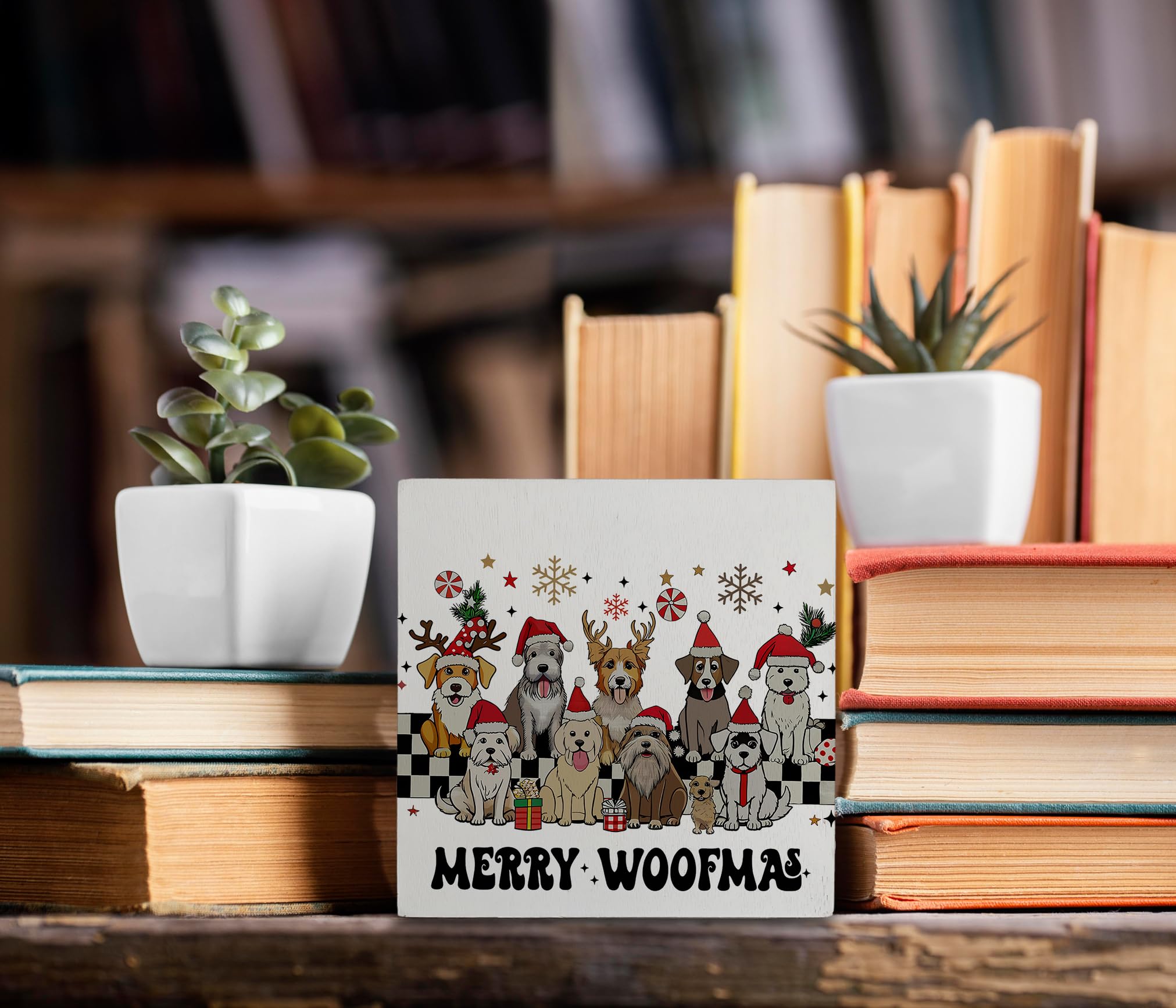 kunlisa Dog Christmas Wooden Sign, Dog Lover Gifts, Merry Woofmas Christmas Cute Puppy Holiday Wood Box Sign for Home Office Des